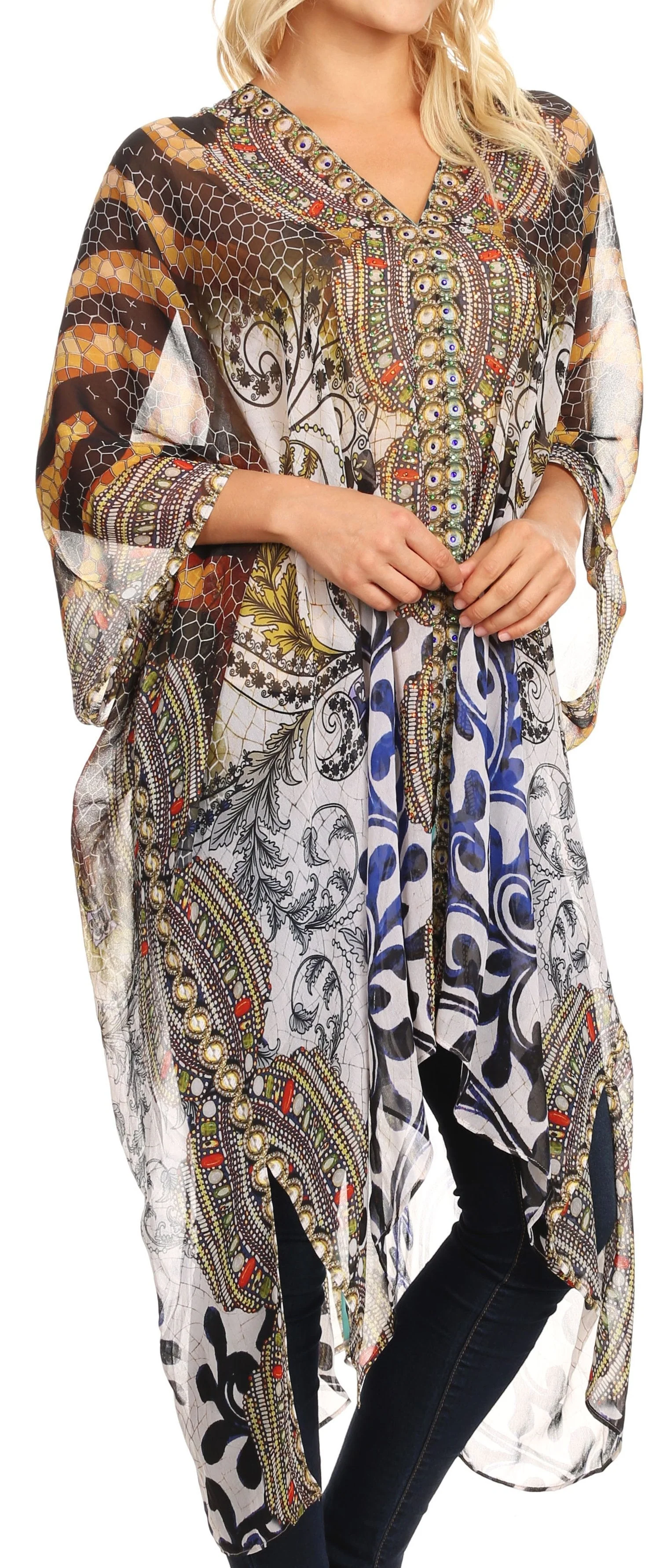 Sakkas Livi Women's V Neck Beach Dress Cover up Caftan Top Loose with Rhinestone - Image 29
