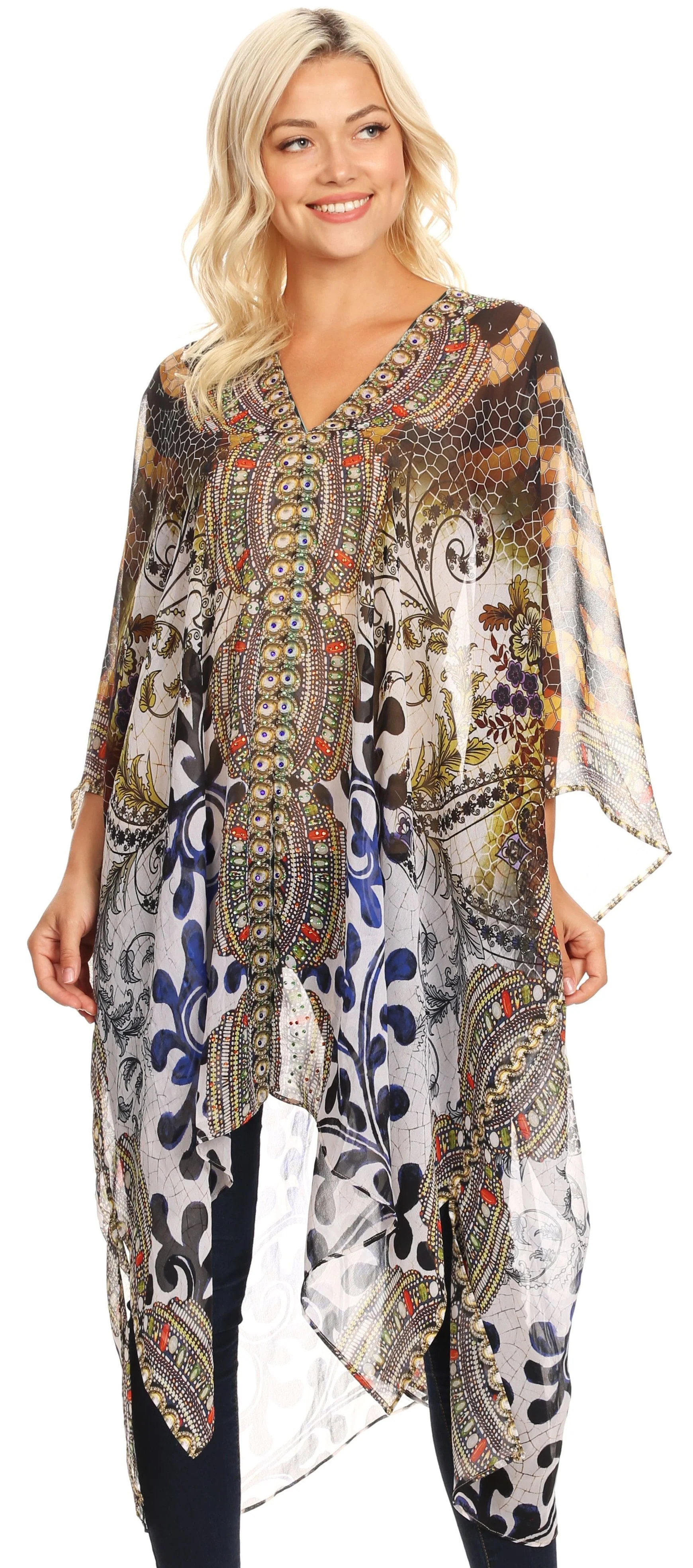 Sakkas Livi Women's V Neck Beach Dress Cover up Caftan Top Loose with Rhinestone - Image 30