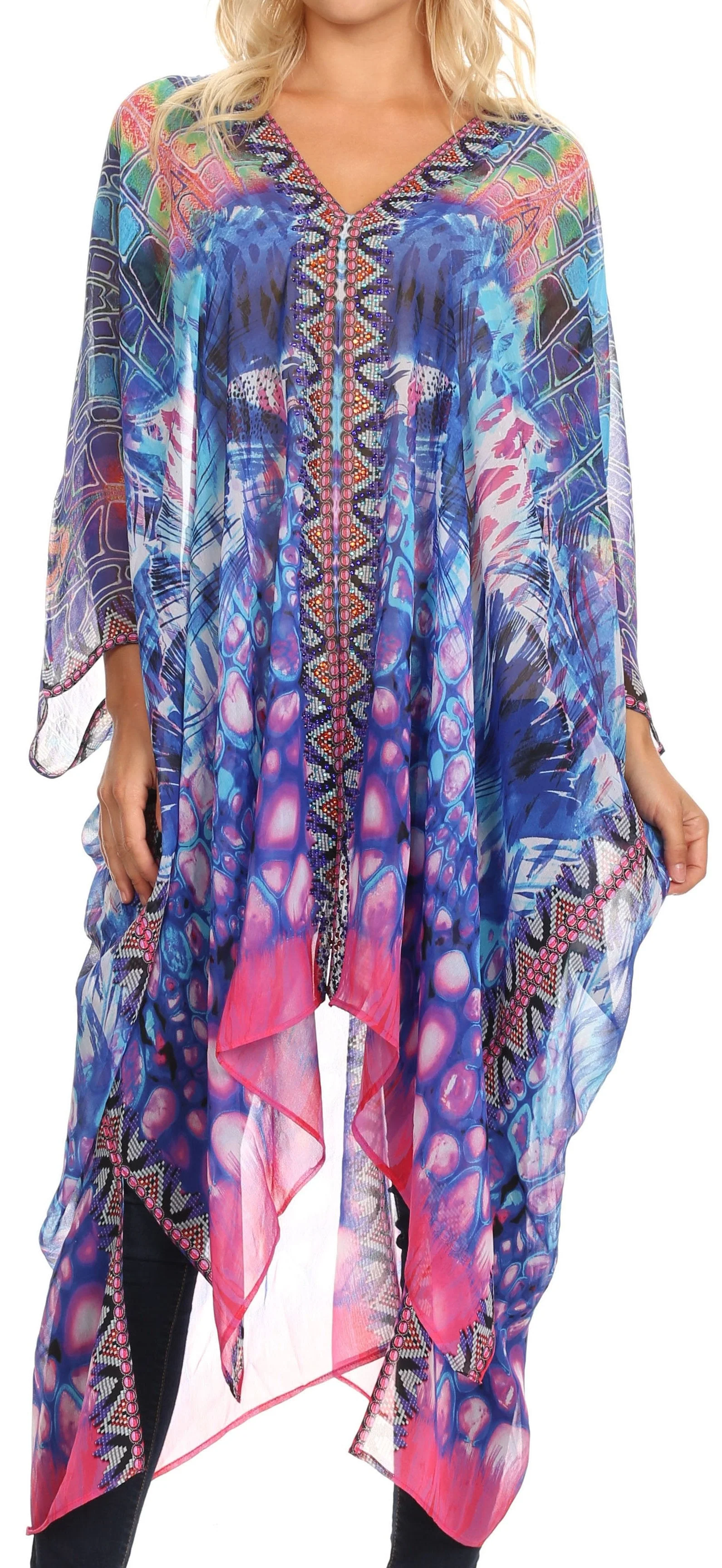 Sakkas Livi Women's V Neck Beach Dress Cover up Caftan Top Loose with Rhinestone - Image 31