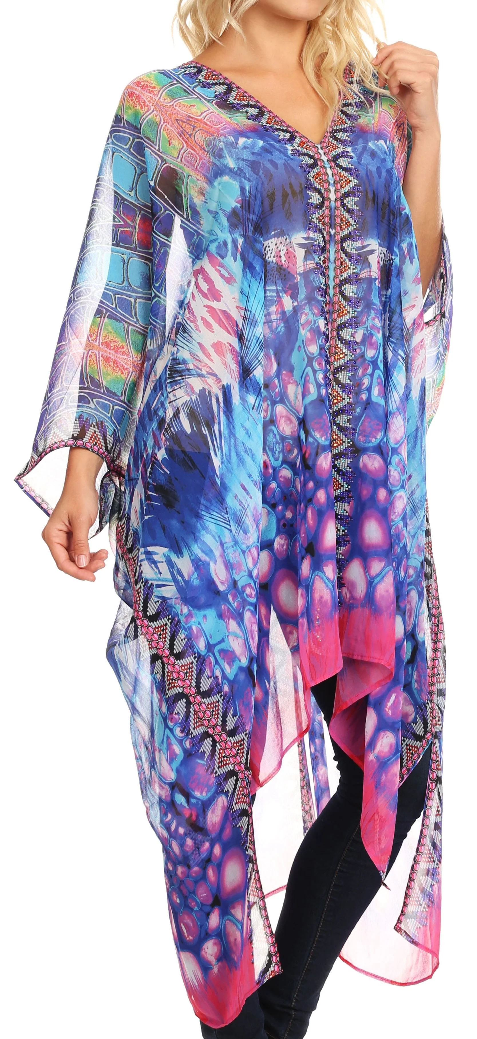 Sakkas Livi Women's V Neck Beach Dress Cover up Caftan Top Loose with Rhinestone - Image 34