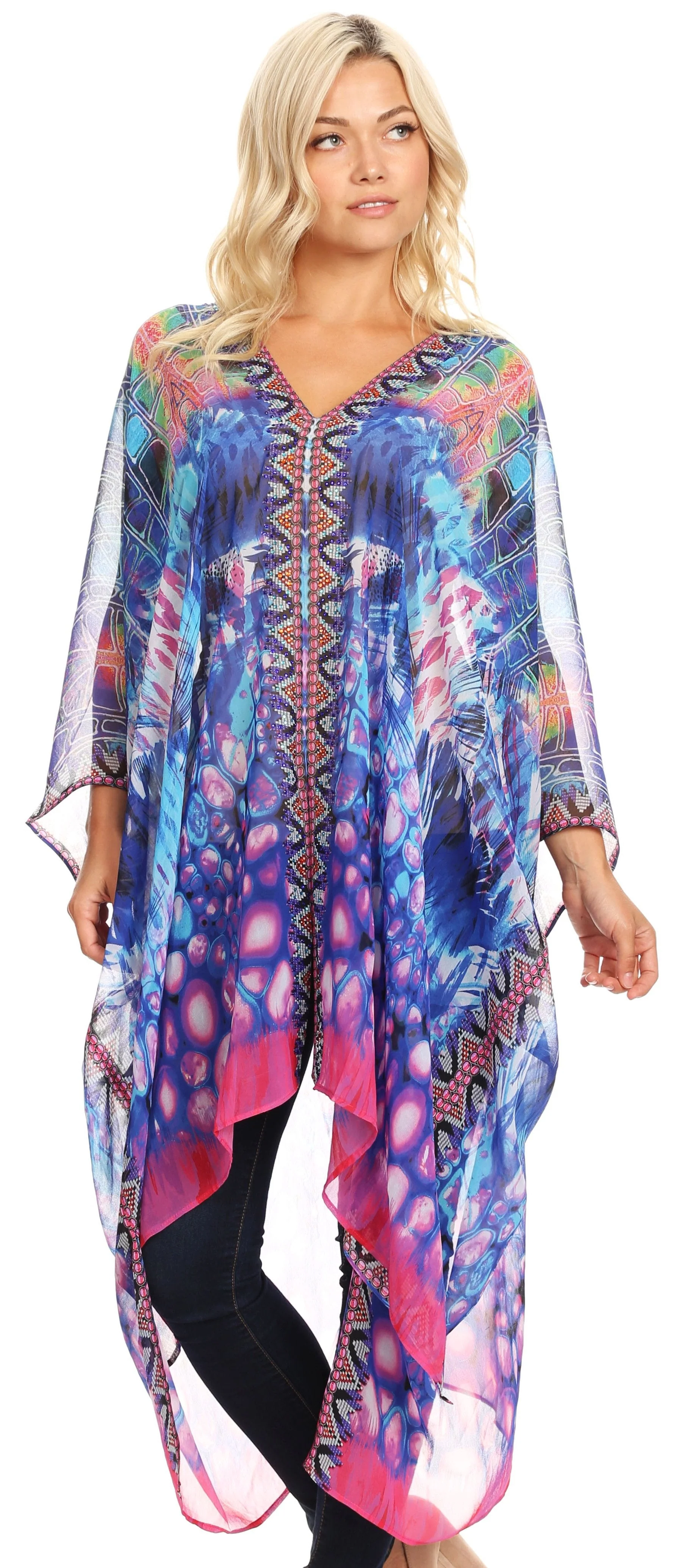 Sakkas Livi Women's V Neck Beach Dress Cover up Caftan Top Loose with Rhinestone - Image 35