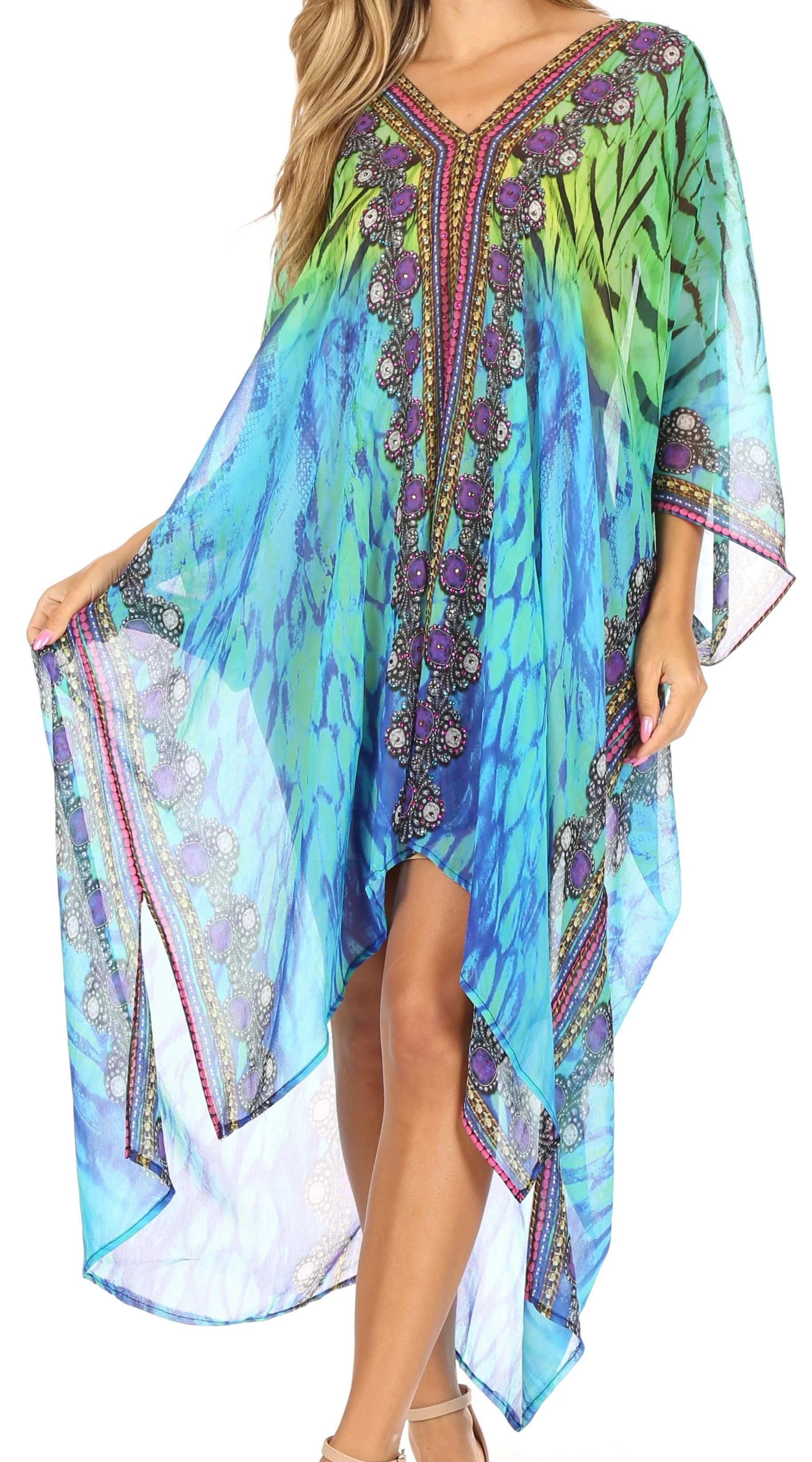 Sakkas Livi Women's V Neck Beach Dress Cover up Caftan Top Loose with Rhinestone - Image 36
