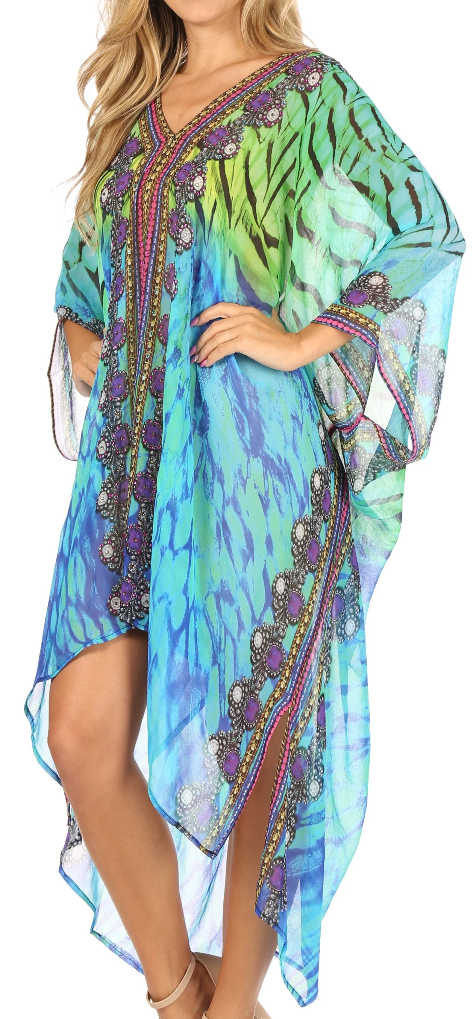 Sakkas Livi Women's V Neck Beach Dress Cover up Caftan Top Loose with Rhinestone - Image 38