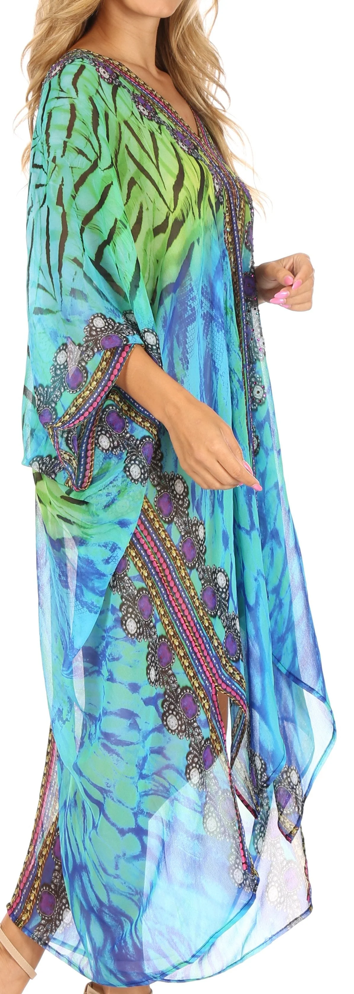 Sakkas Livi Women's V Neck Beach Dress Cover up Caftan Top Loose with Rhinestone - Image 39