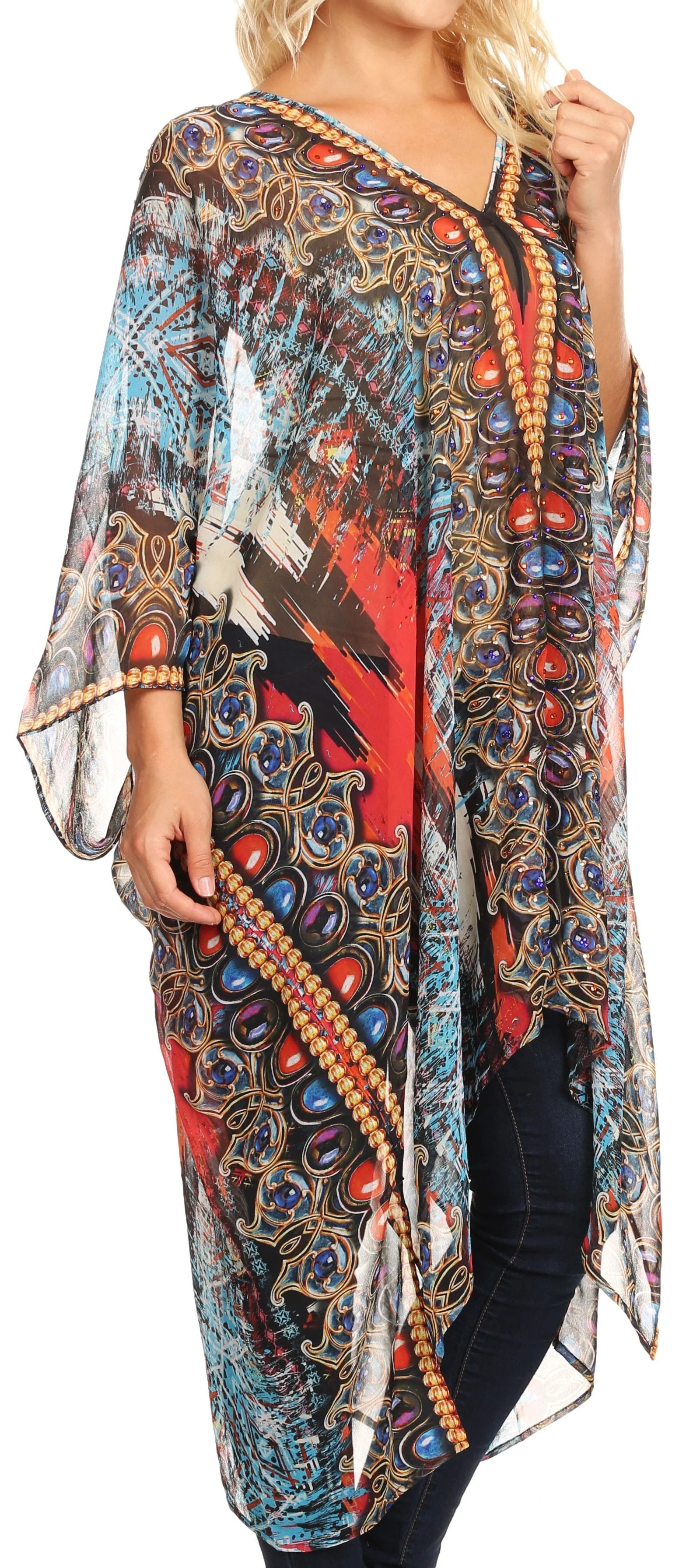 Sakkas Livi Women's V Neck Beach Dress Cover up Caftan Top Loose with Rhinestone - Image 4