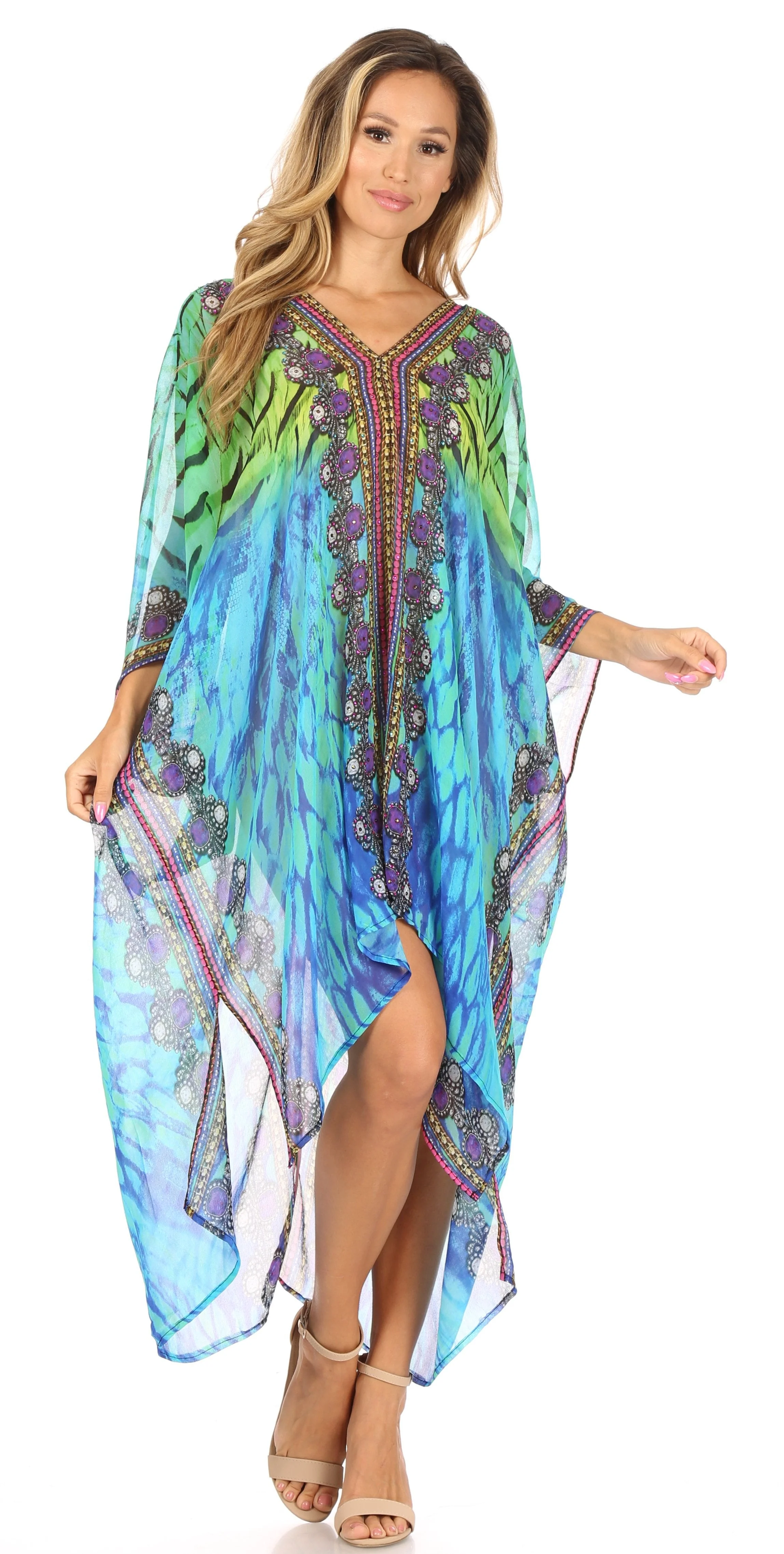 Sakkas Livi Women's V Neck Beach Dress Cover up Caftan Top Loose with Rhinestone - Image 40