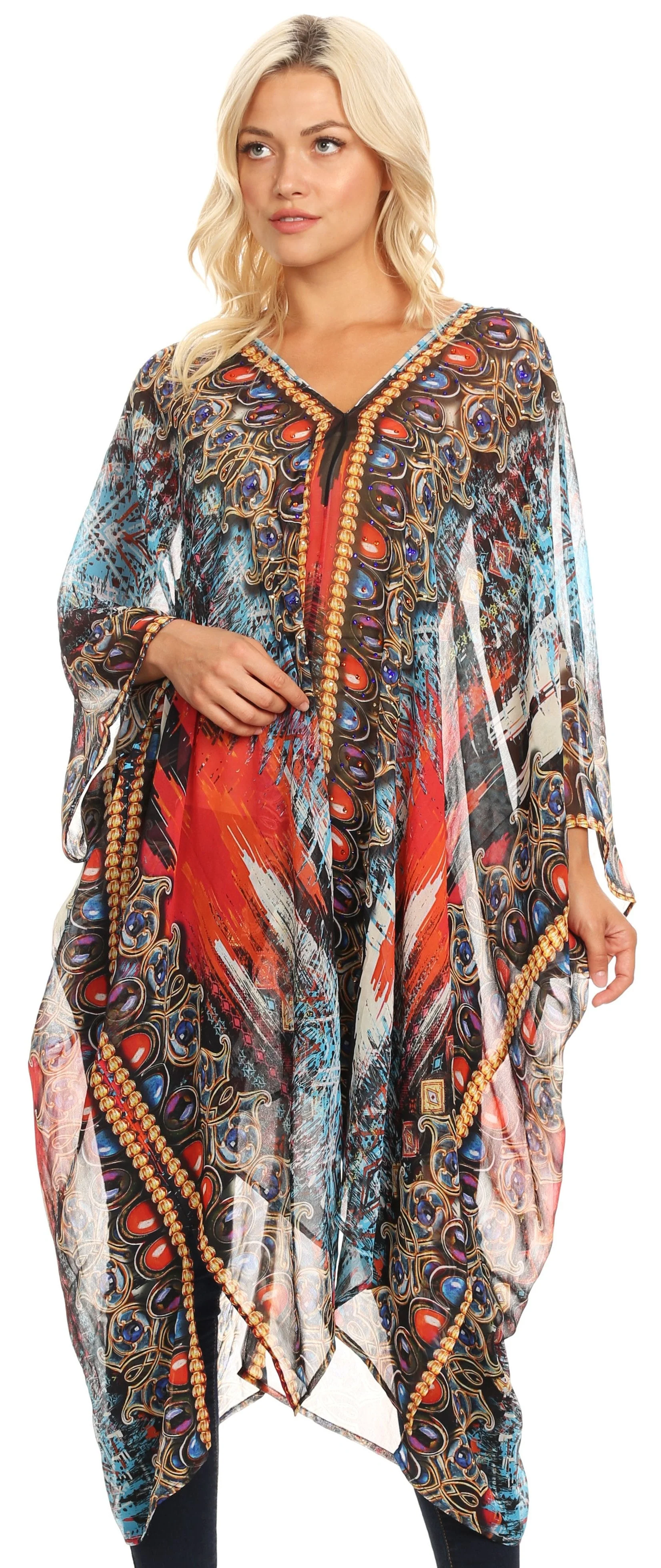 Sakkas Livi Women's V Neck Beach Dress Cover up Caftan Top Loose with Rhinestone - Image 5