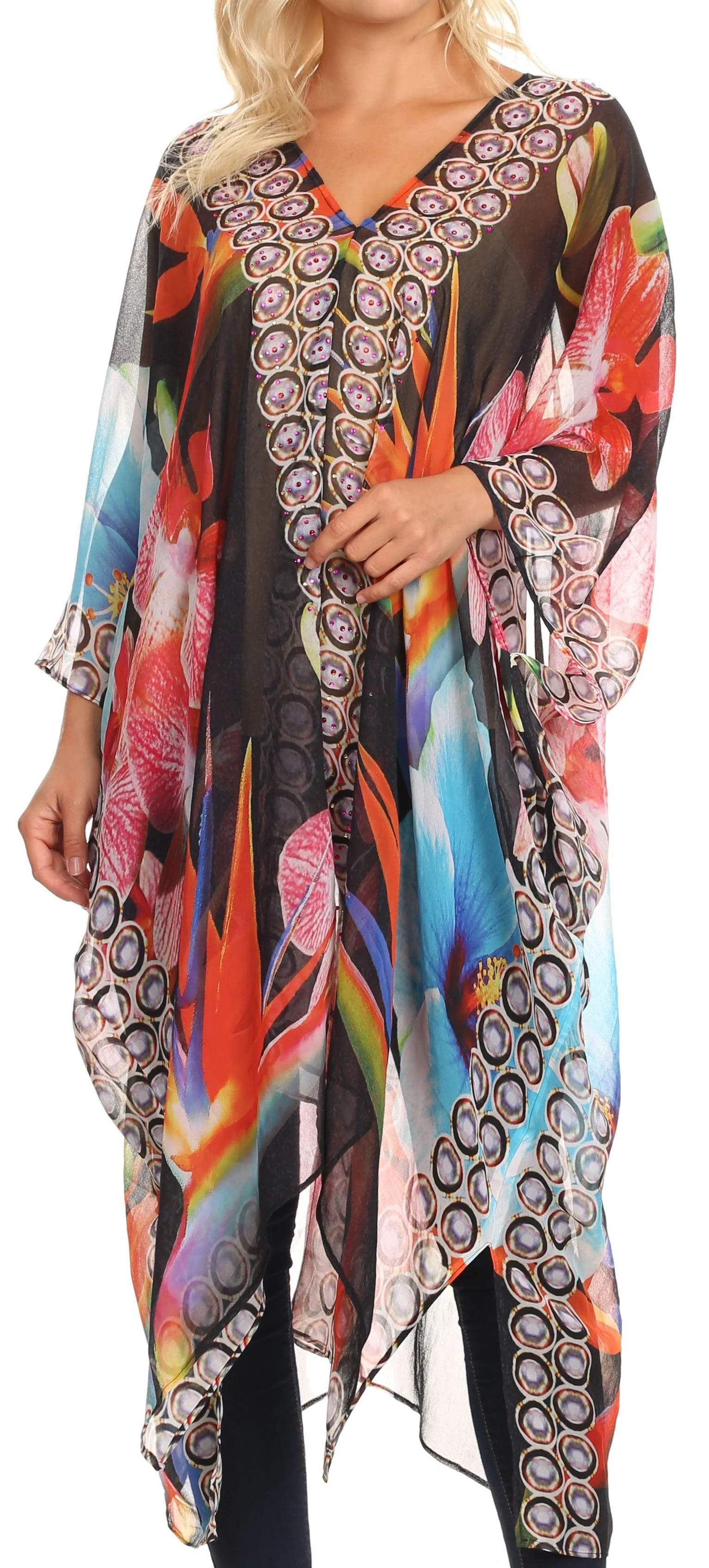 Sakkas Livi Women's V Neck Beach Dress Cover up Caftan Top Loose with Rhinestone - Image 6