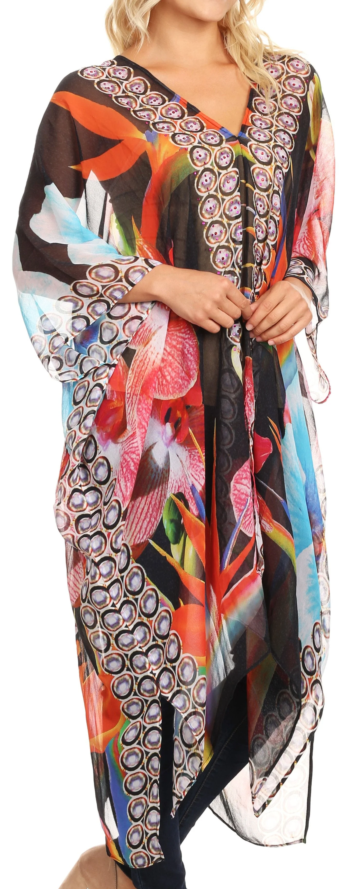 Sakkas Livi Women's V Neck Beach Dress Cover up Caftan Top Loose with Rhinestone - Image 9