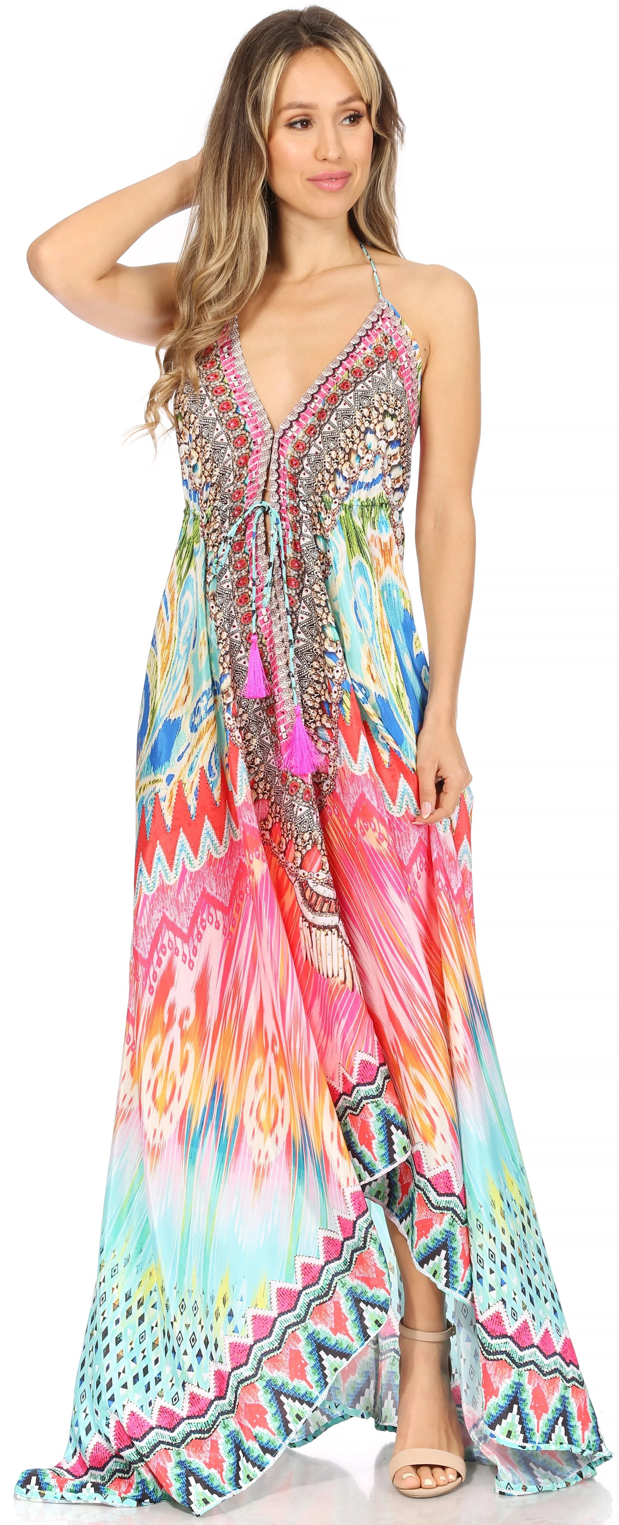 Sakkas Lizi Womens Maxi High-low Halter Handkerchief Long Dress Beach Party - Image 49