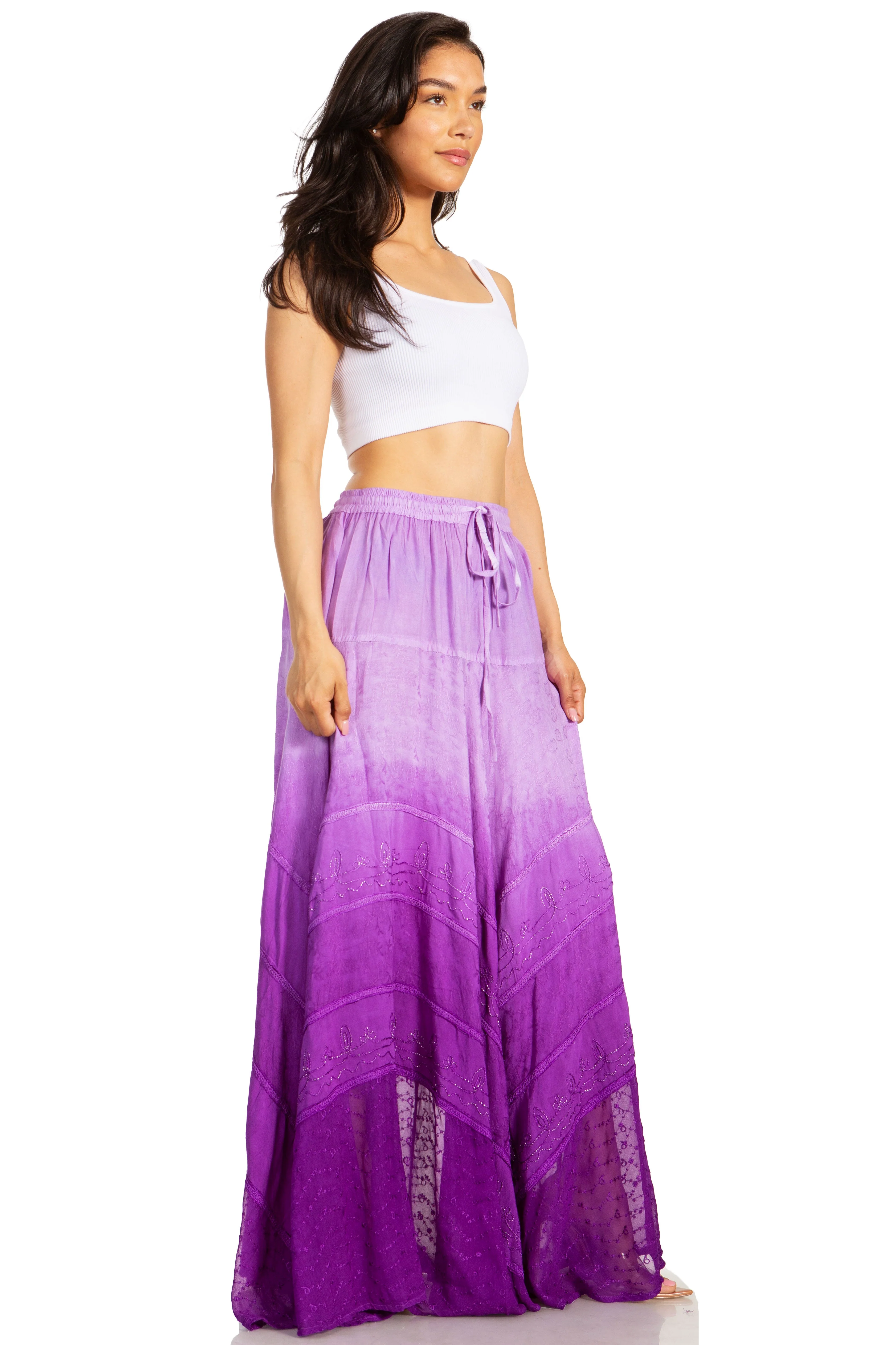 Sakkas Lyra Womens Bohemian Soft Brocade Rayon Tiered Embroidered Flowy Long Skirt - Image 24
