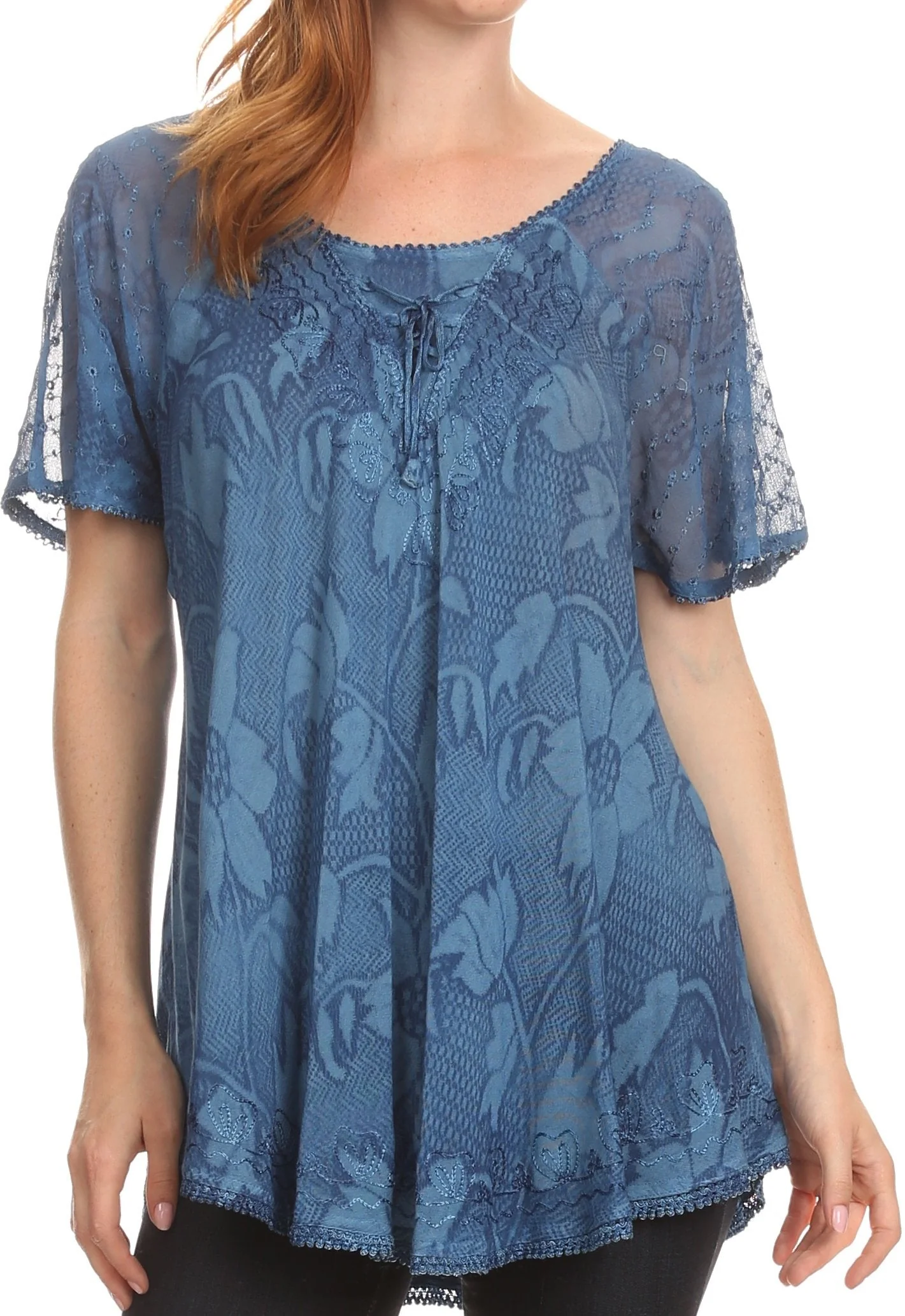 Sakkas Maliky Wide Corset Neck Floral Embroidered Cap Sleeve Blouse Top Shirt - Image 11
