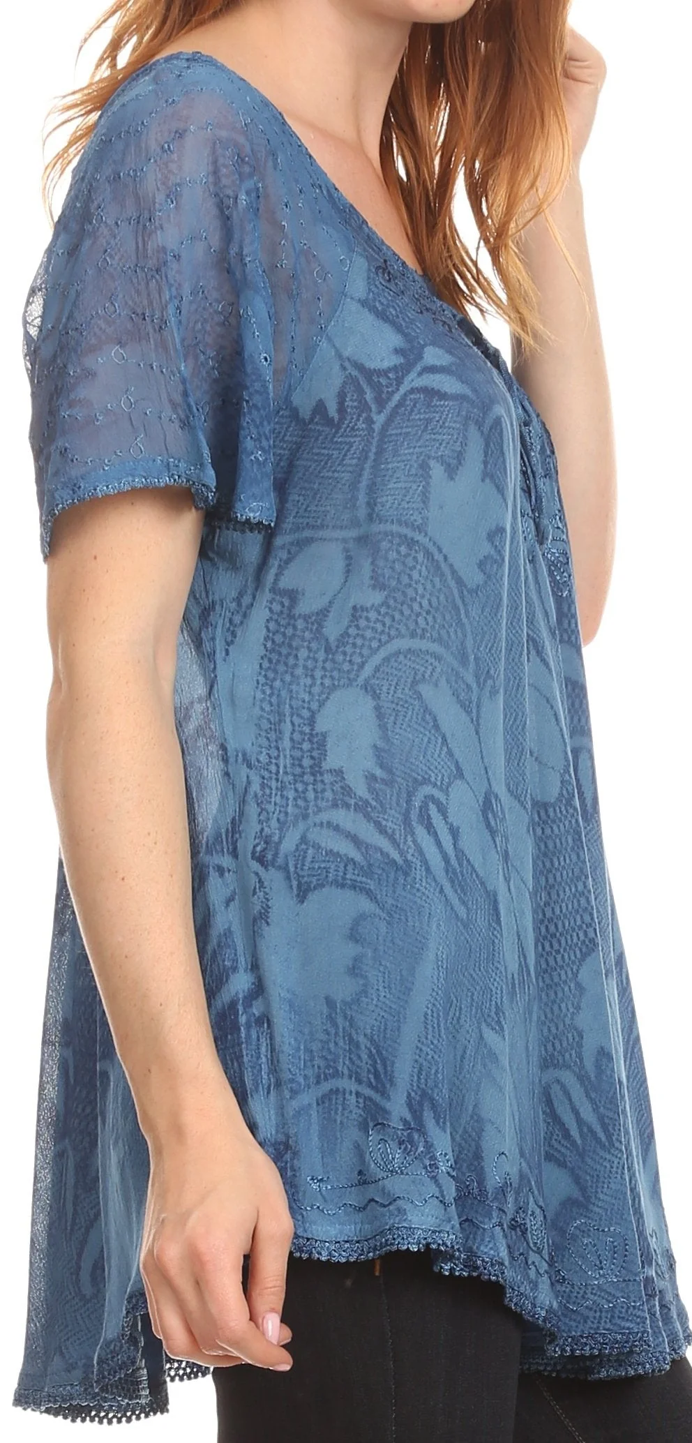 Sakkas Maliky Wide Corset Neck Floral Embroidered Cap Sleeve Blouse Top Shirt - Image 13
