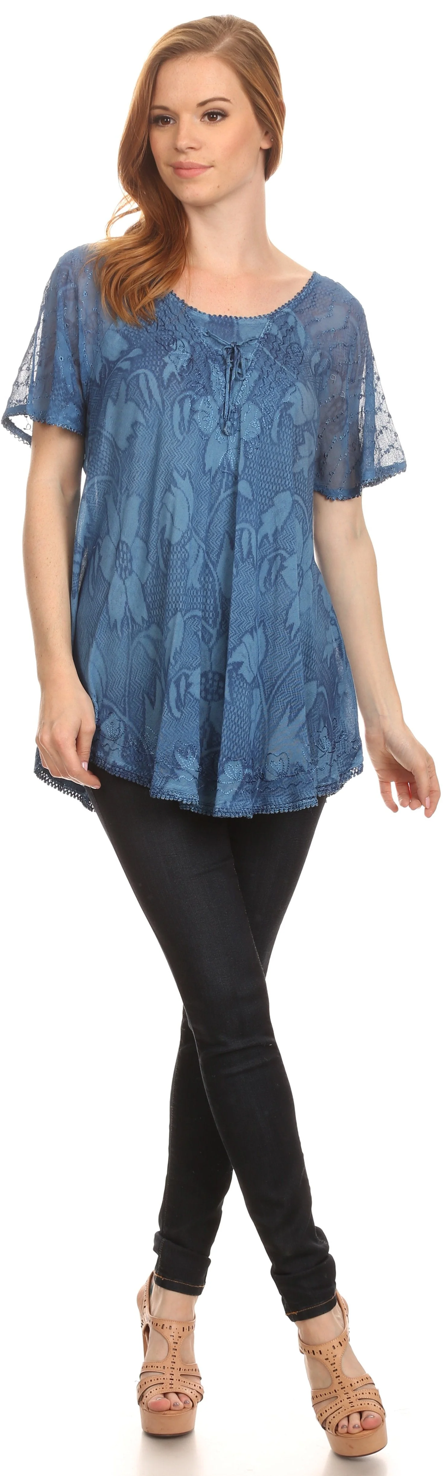 Sakkas Maliky Wide Corset Neck Floral Embroidered Cap Sleeve Blouse Top Shirt - Image 15