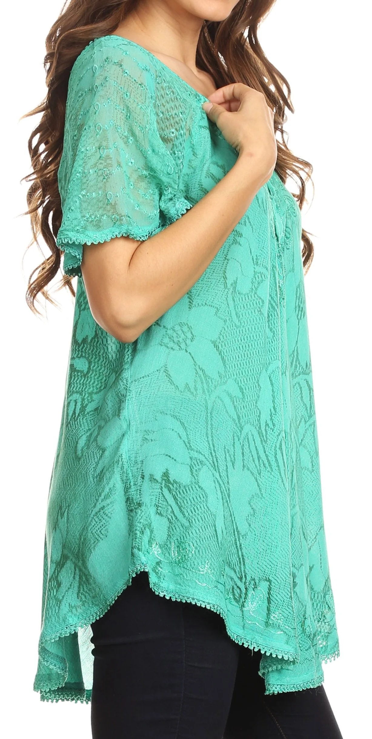 Sakkas Maliky Wide Corset Neck Floral Embroidered Cap Sleeve Blouse Top Shirt - Image 29