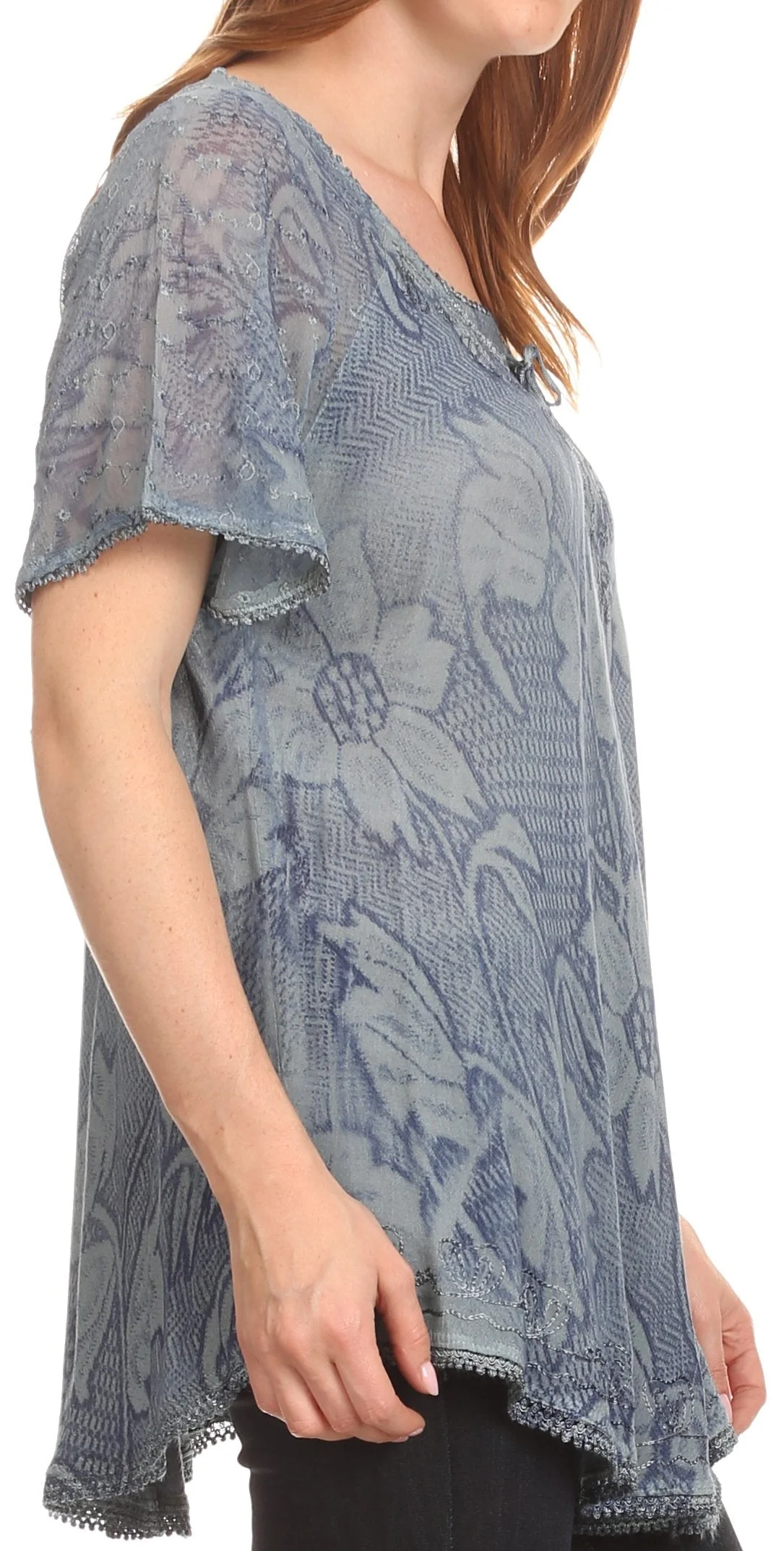Sakkas Maliky Wide Corset Neck Floral Embroidered Cap Sleeve Blouse Top Shirt - Image 33