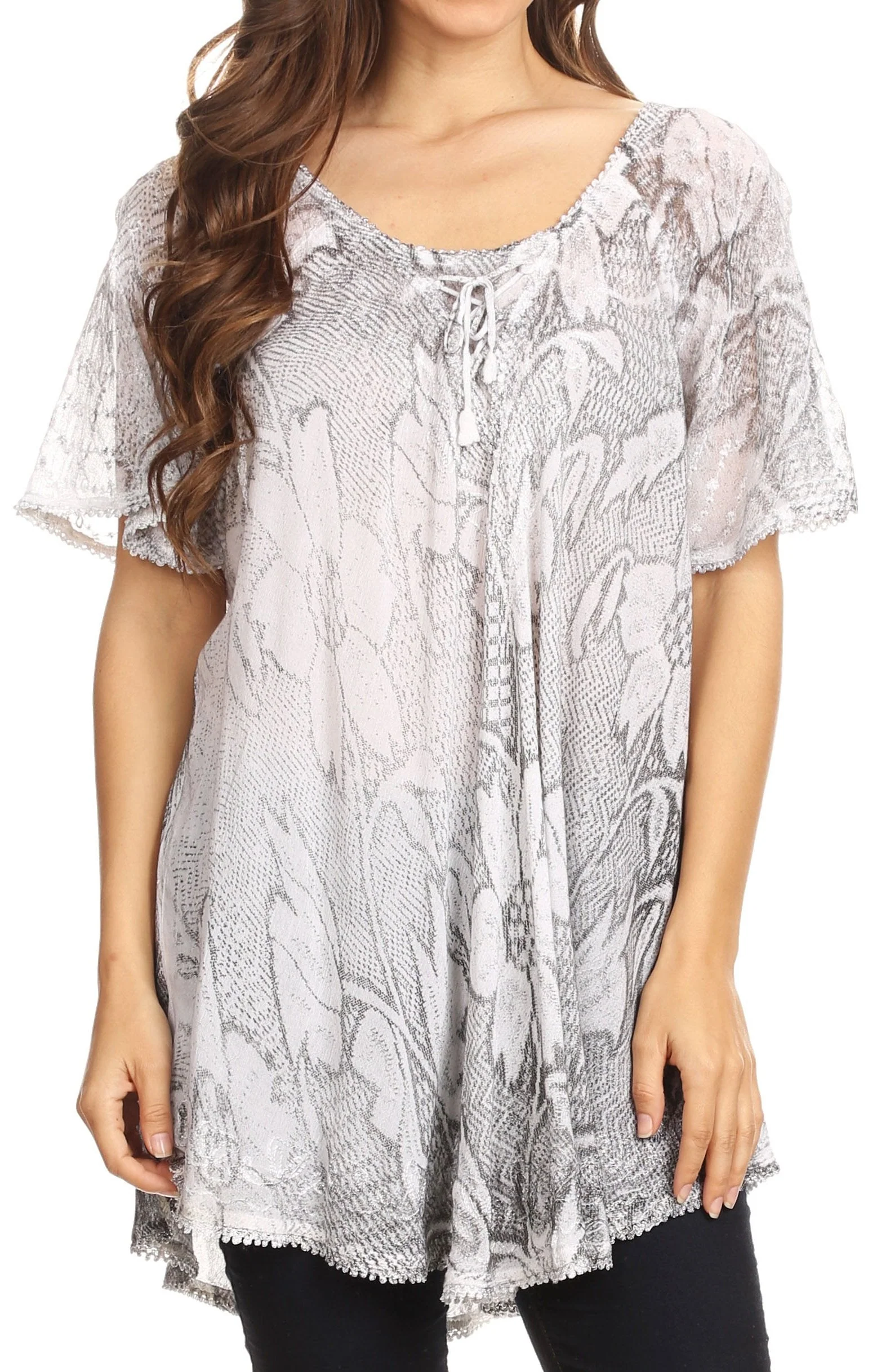 Sakkas Maliky Wide Corset Neck Floral Embroidered Cap Sleeve Blouse Top Shirt - Image 36