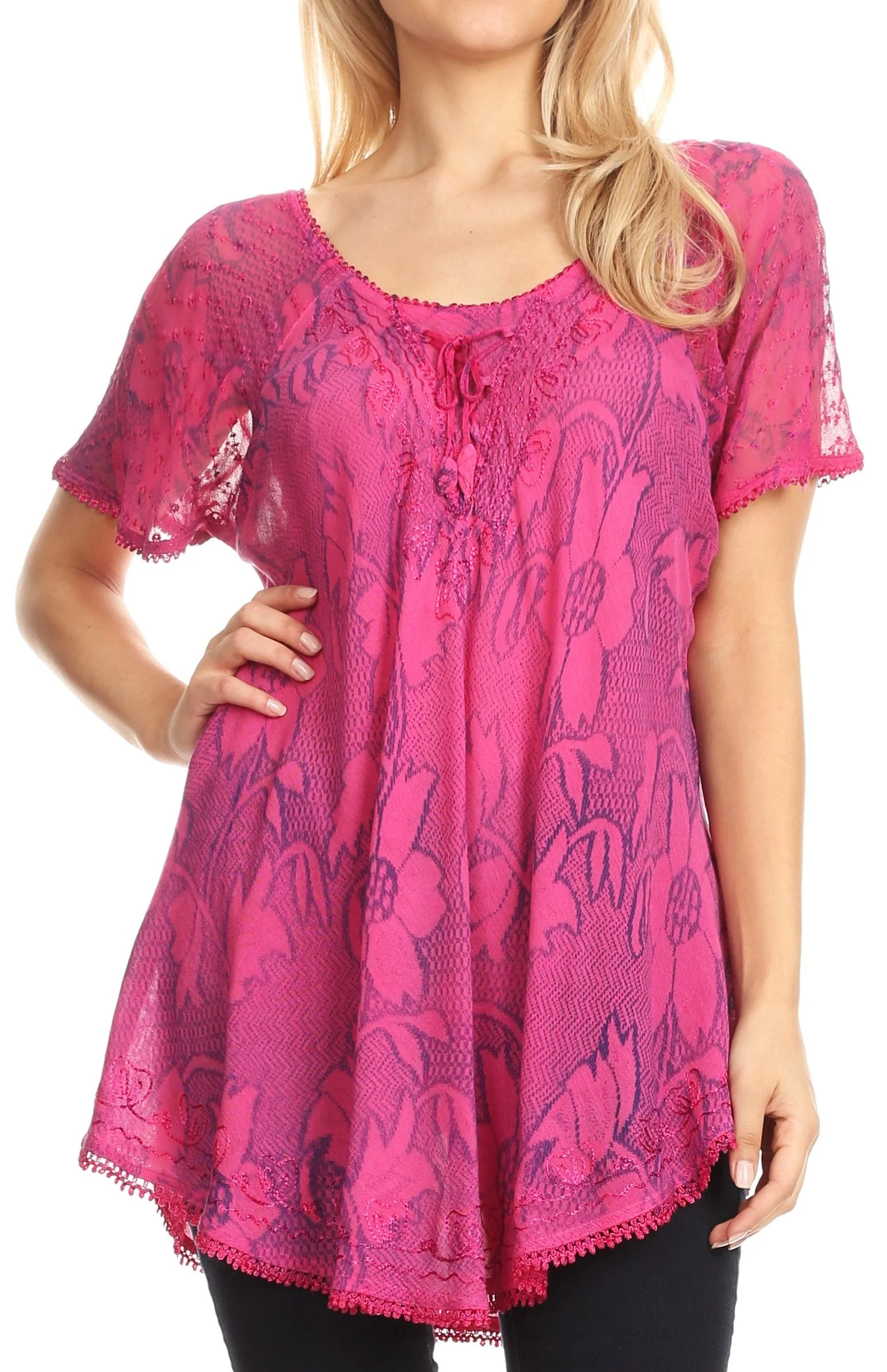 Sakkas Maliky Wide Corset Neck Floral Embroidered Cap Sleeve Blouse Top Shirt - Image 41