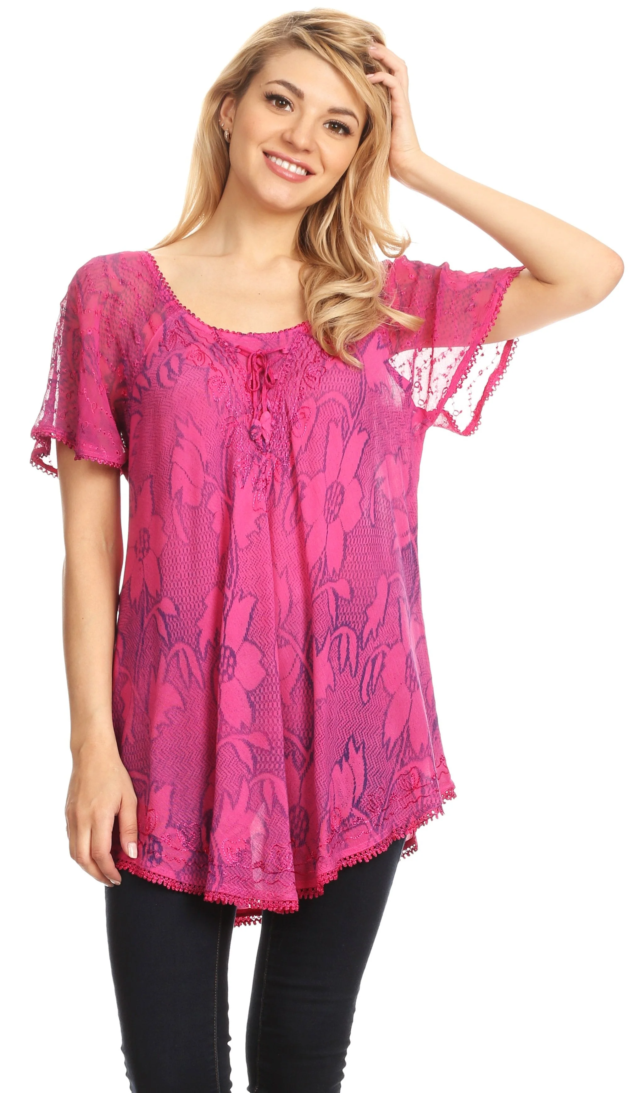 Sakkas Maliky Wide Corset Neck Floral Embroidered Cap Sleeve Blouse Top Shirt - Image 45