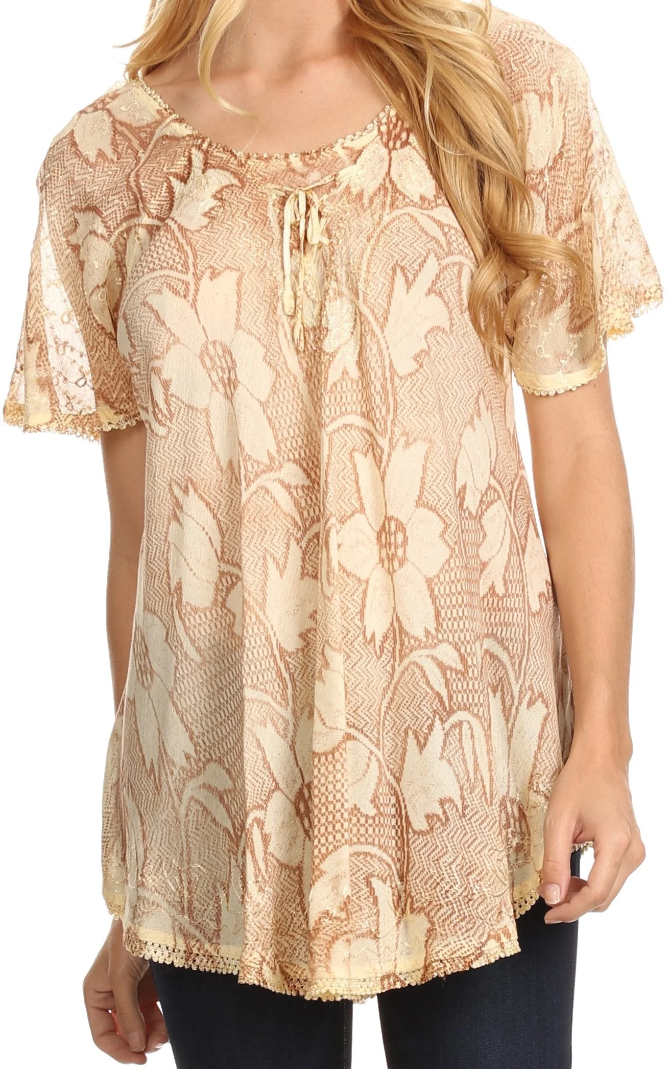 Sakkas Maliky Wide Corset Neck Floral Embroidered Cap Sleeve Blouse Top Shirt - Image 46