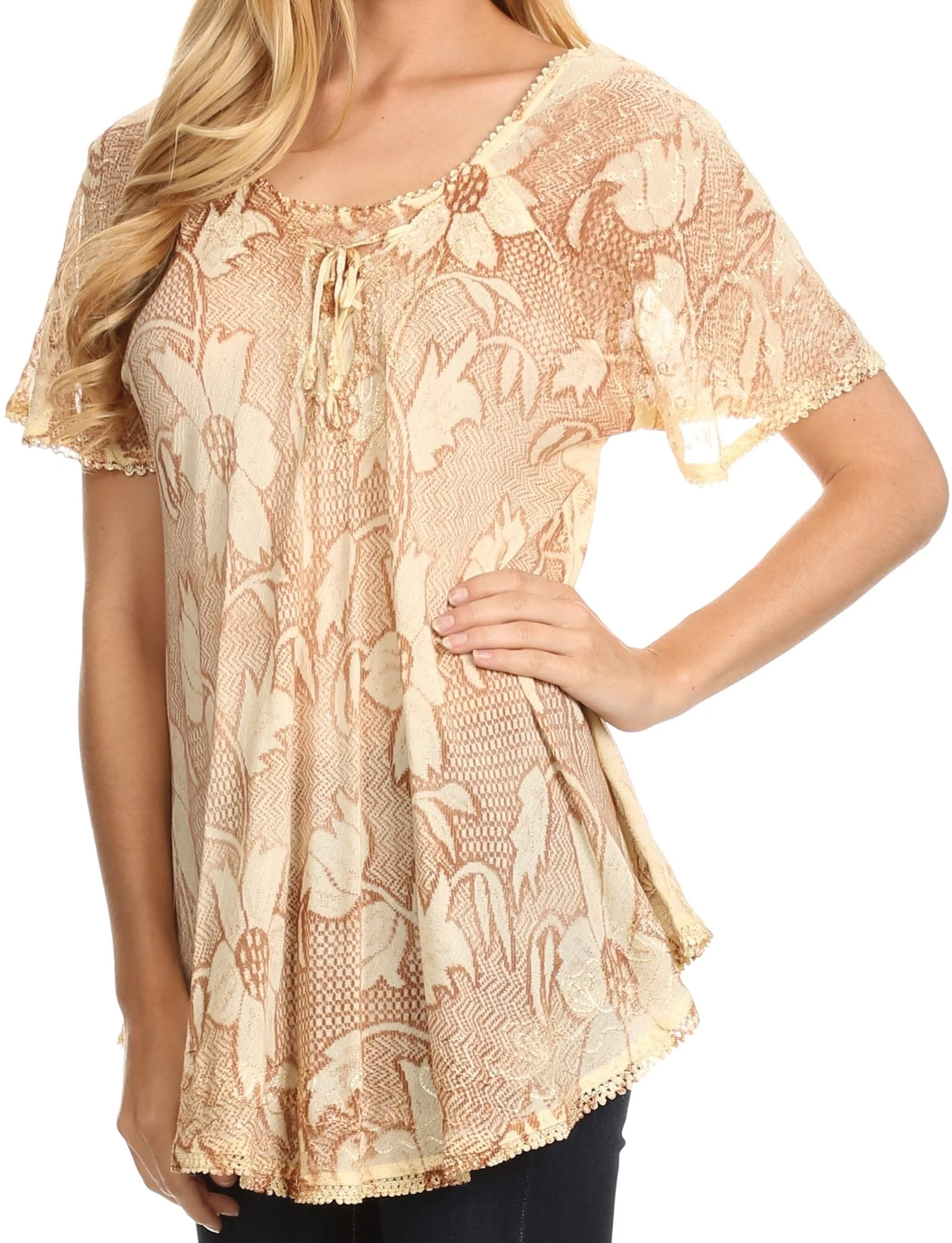 Sakkas Maliky Wide Corset Neck Floral Embroidered Cap Sleeve Blouse Top Shirt - Image 49