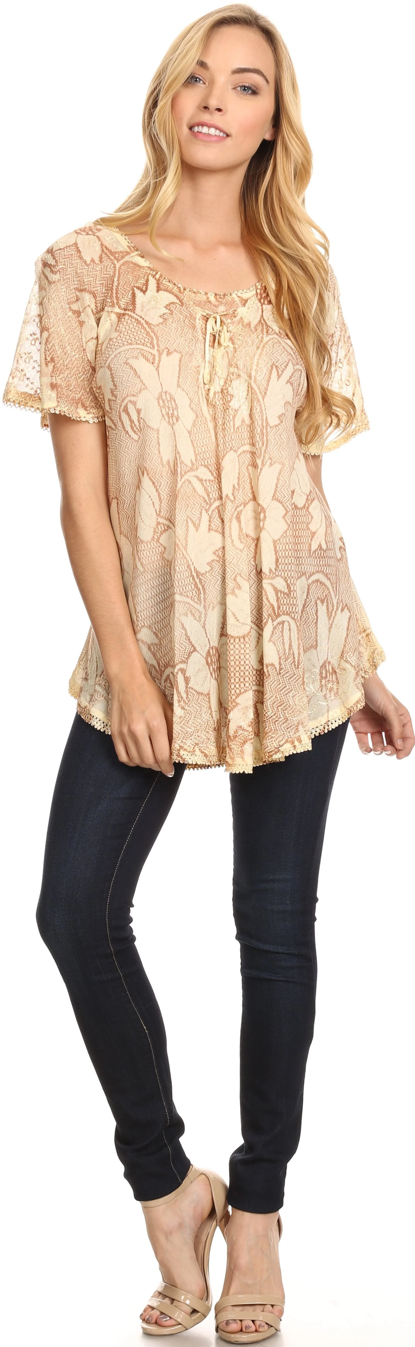 Sakkas Maliky Wide Corset Neck Floral Embroidered Cap Sleeve Blouse Top Shirt - Image 50