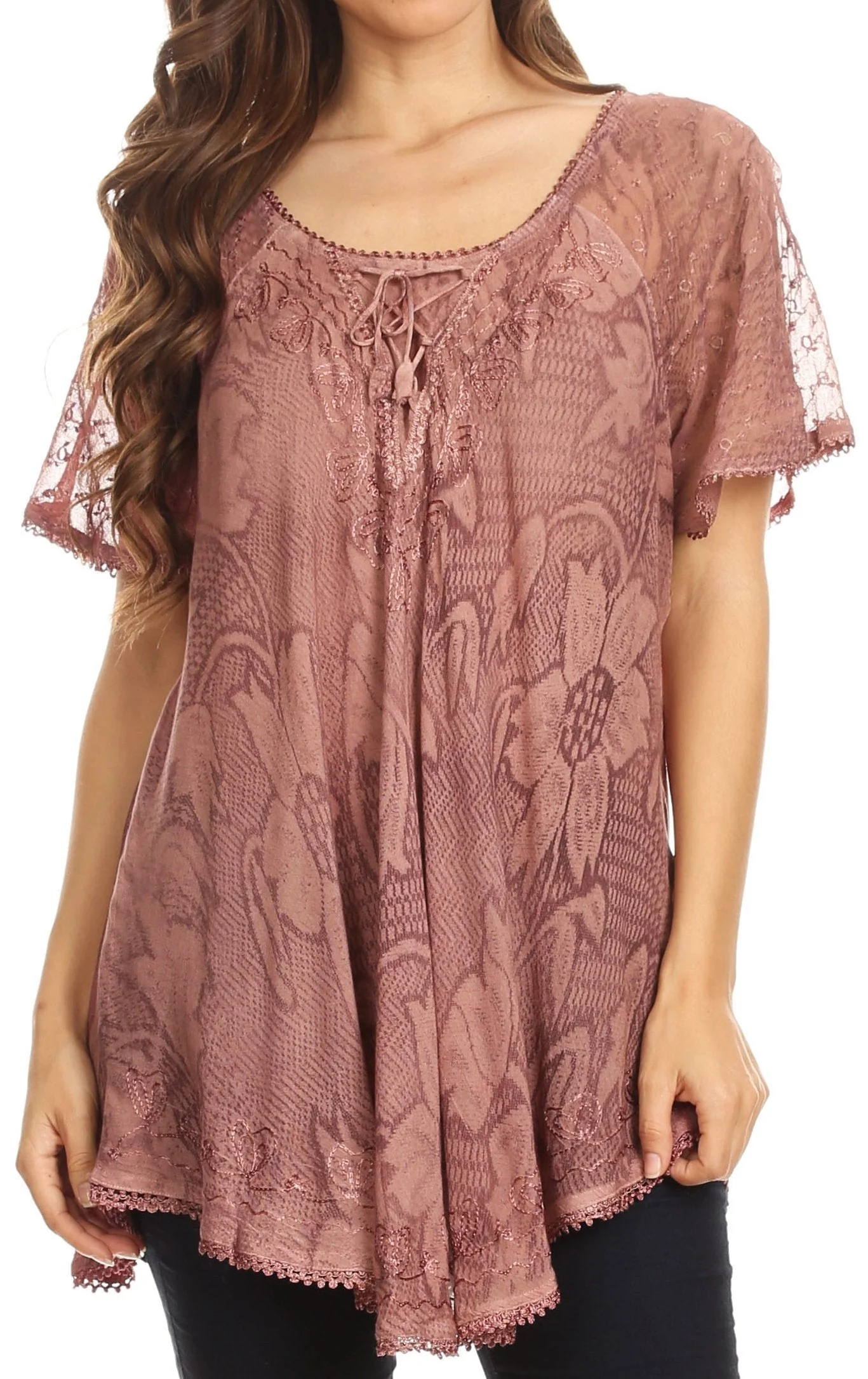 Sakkas Maliky Wide Corset Neck Floral Embroidered Cap Sleeve Blouse Top Shirt - Image 51