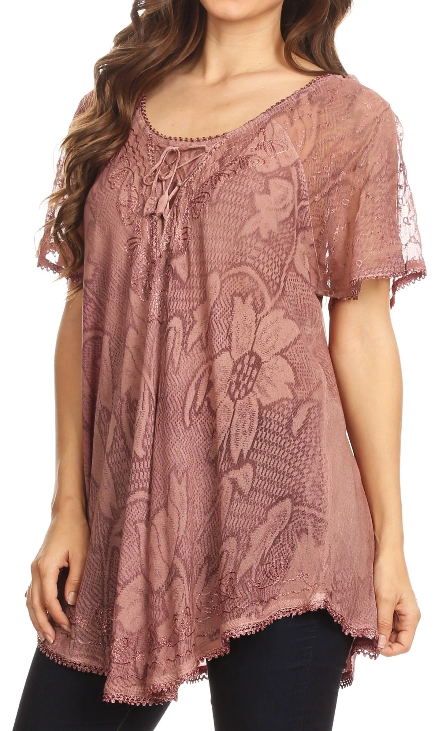 Sakkas Maliky Wide Corset Neck Floral Embroidered Cap Sleeve Blouse Top Shirt - Image 53