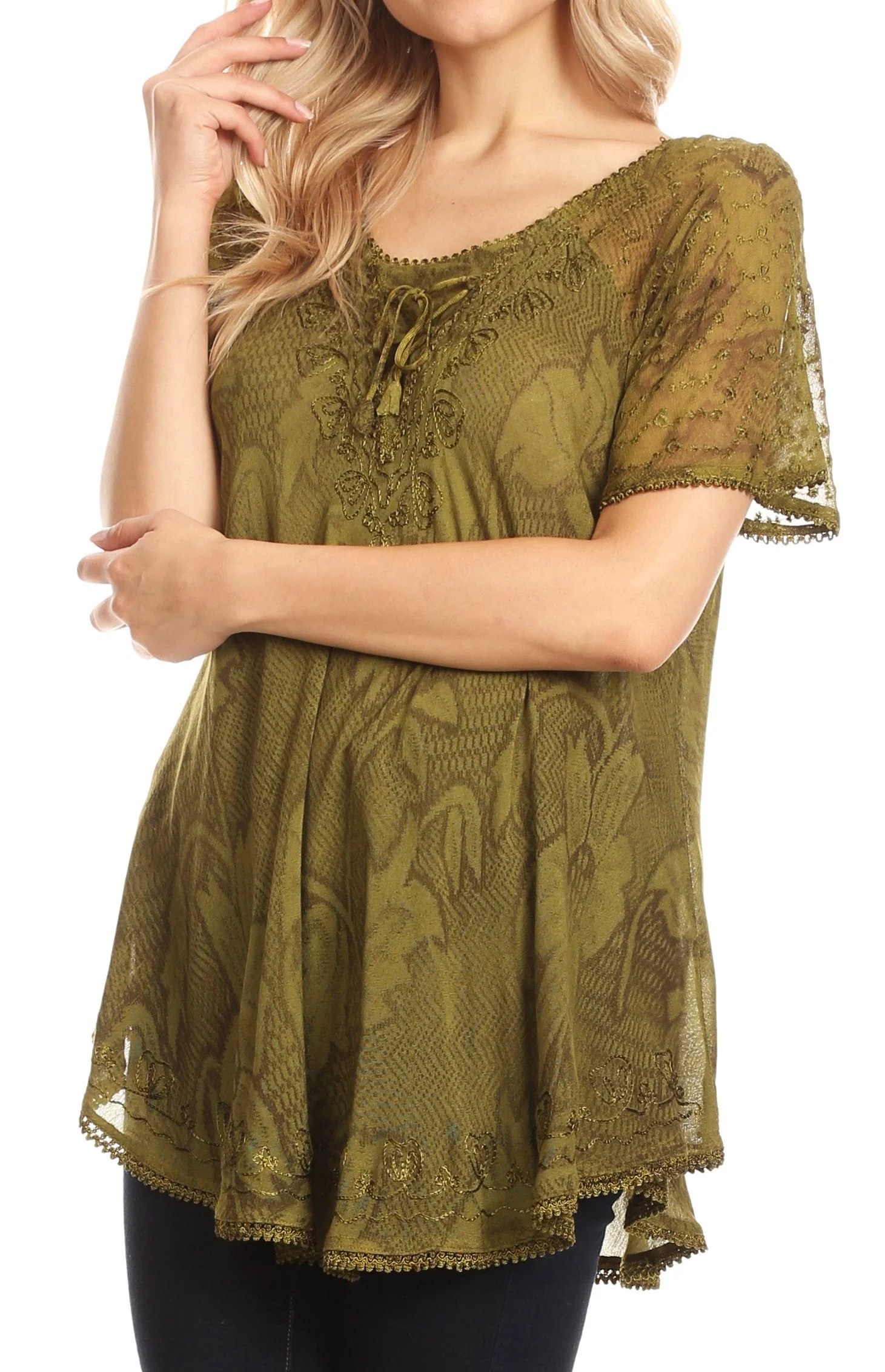 Sakkas Maliky Wide Corset Neck Floral Embroidered Cap Sleeve Blouse Top Shirt - Image 64