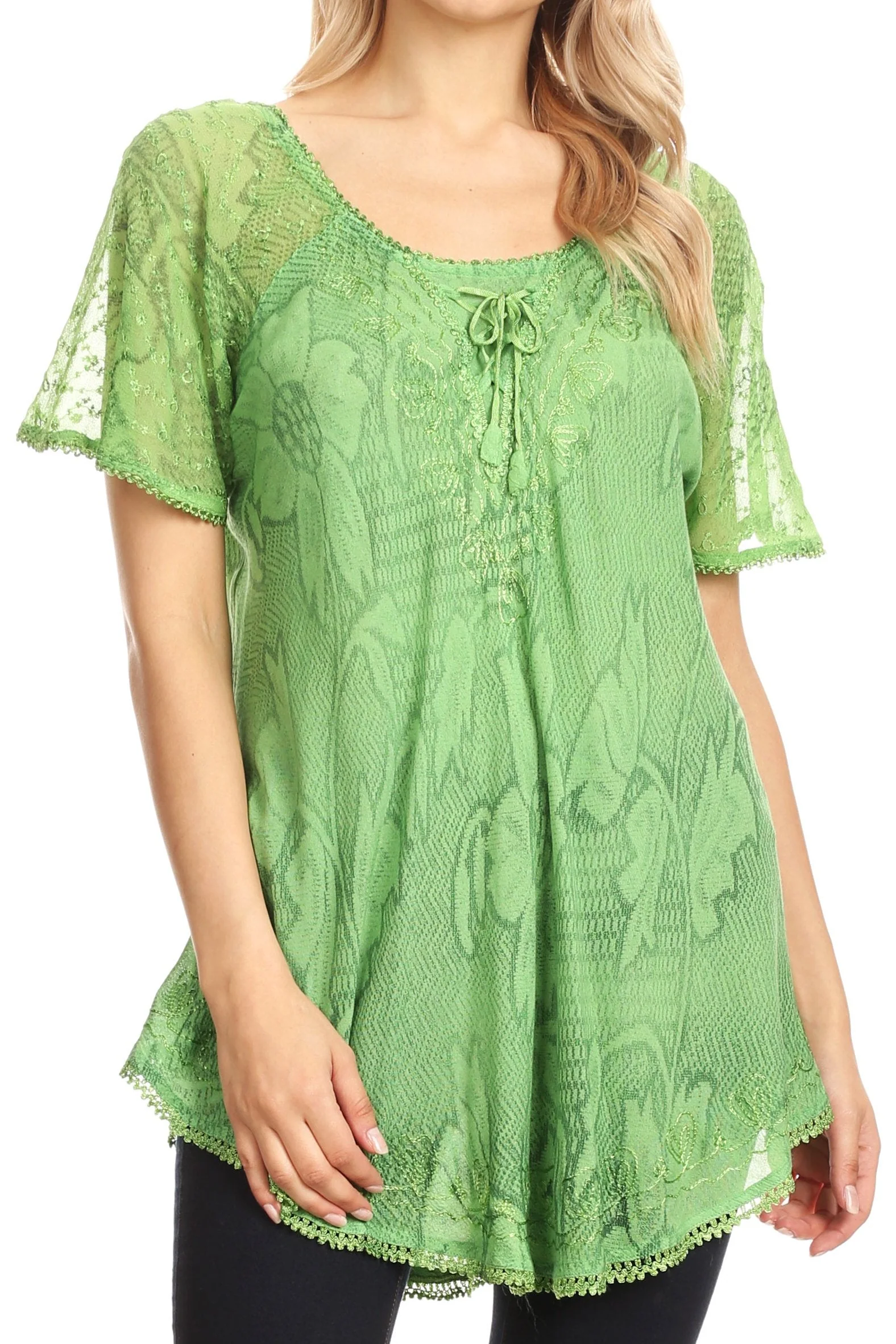 Sakkas Maliky Wide Corset Neck Floral Embroidered Cap Sleeve Blouse Top Shirt - Image 66