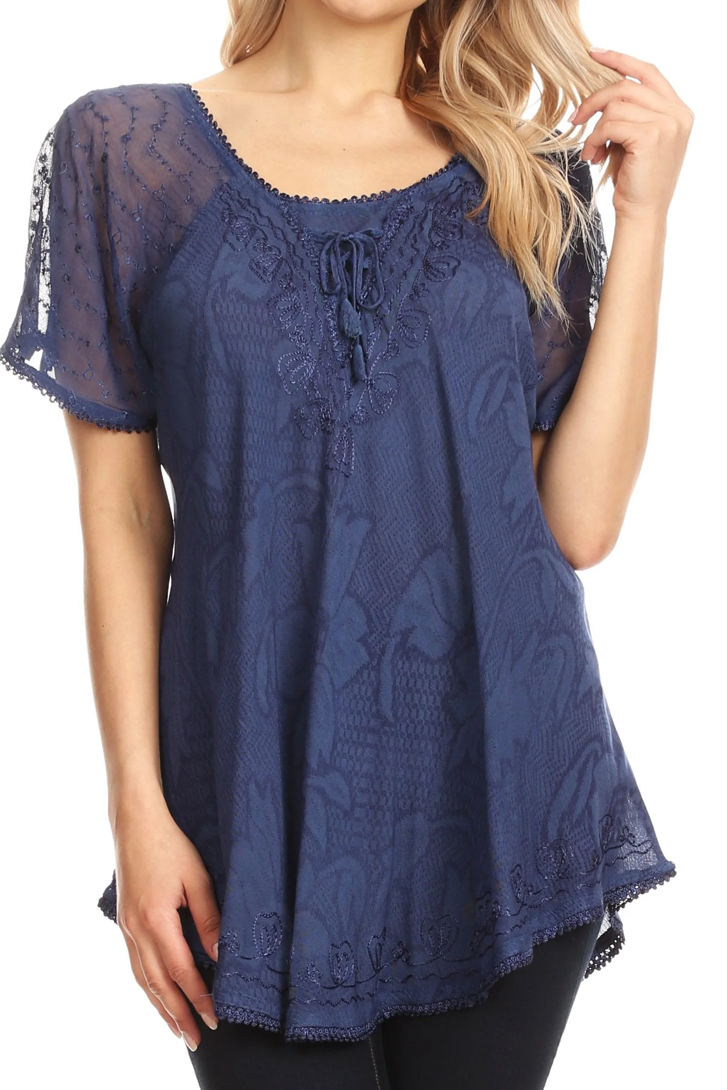 Sakkas Maliky Wide Corset Neck Floral Embroidered Cap Sleeve Blouse Top Shirt - Image 71