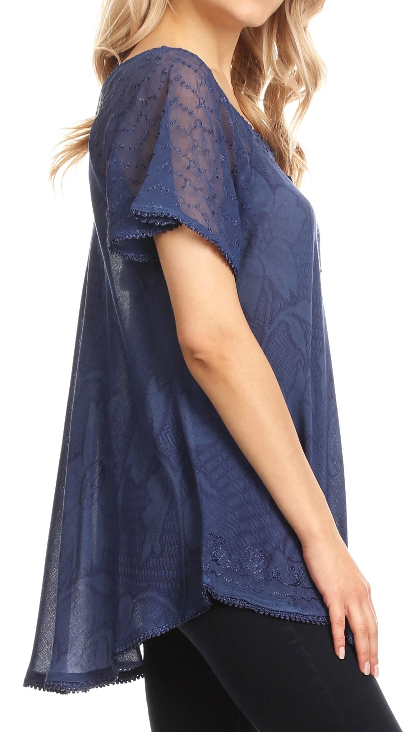 Sakkas Maliky Wide Corset Neck Floral Embroidered Cap Sleeve Blouse Top Shirt - Image 73