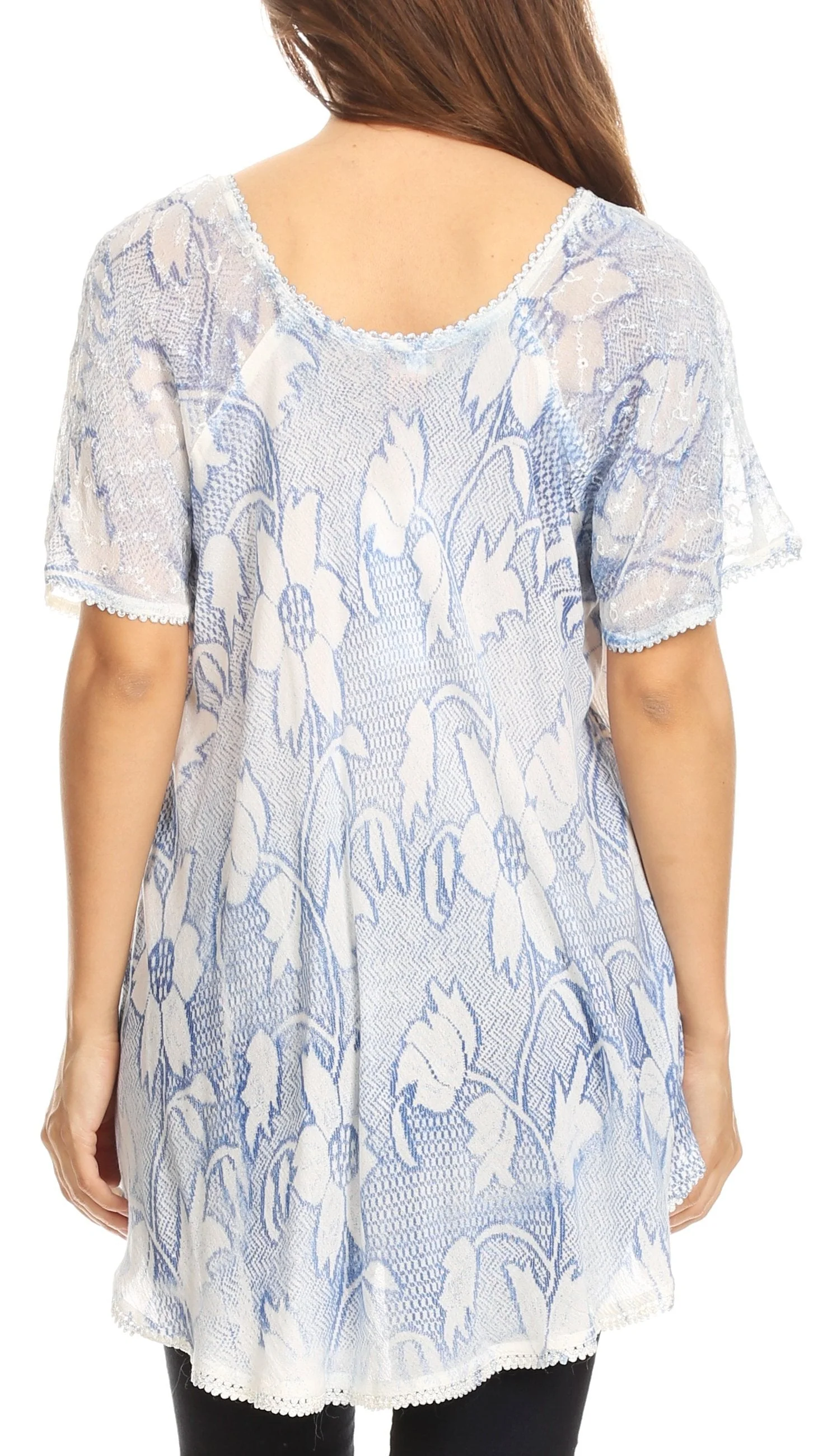 Sakkas Maliky Wide Corset Neck Floral Embroidered Cap Sleeve Blouse Top Shirt - Image 87