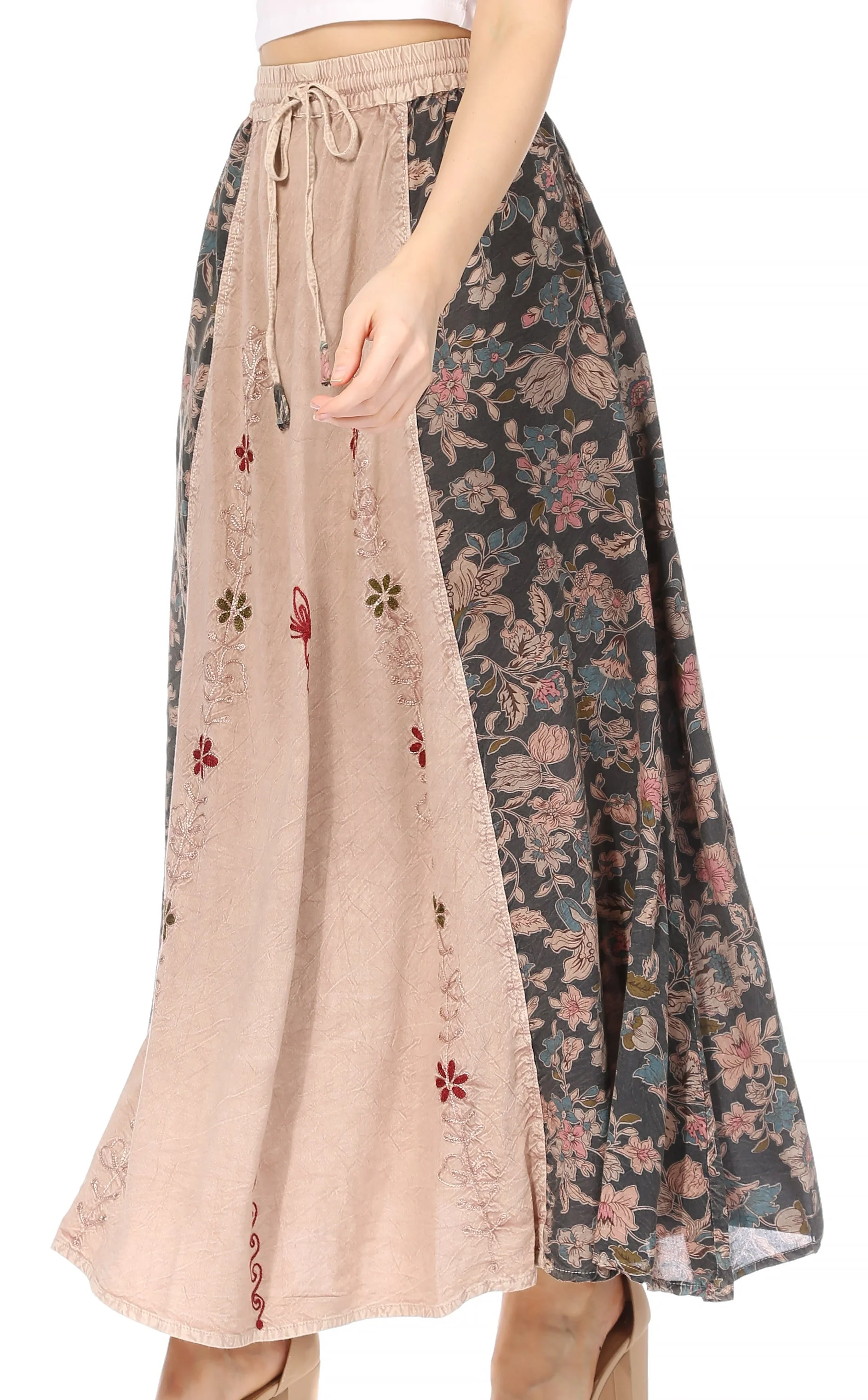 Sakkas Maran Women's Boho Embroidery Skirt with Lace Elastic Waist and Pockets - Image 3