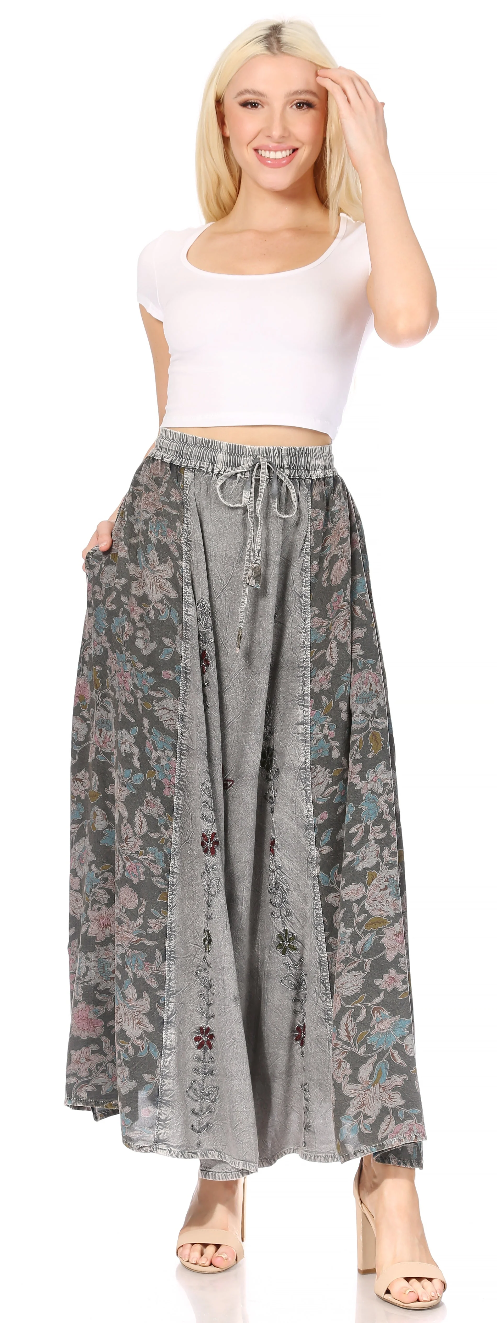 Sakkas Maran Women's Boho Embroidery Skirt with Lace Elastic Waist and Pockets - Image 45