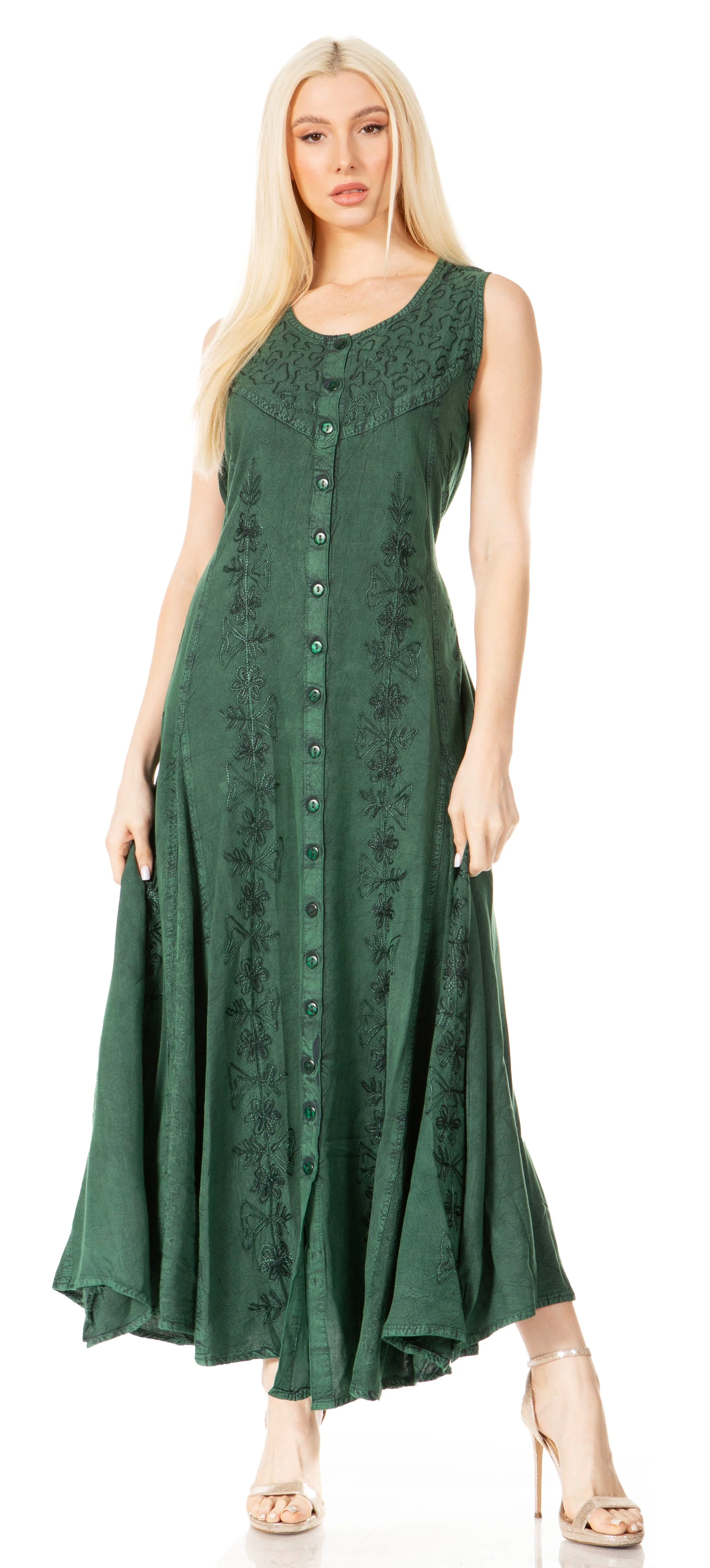 Sakkas Maya Floral Embroidered Sleeveless Button Up Rayon Dress - Image 13