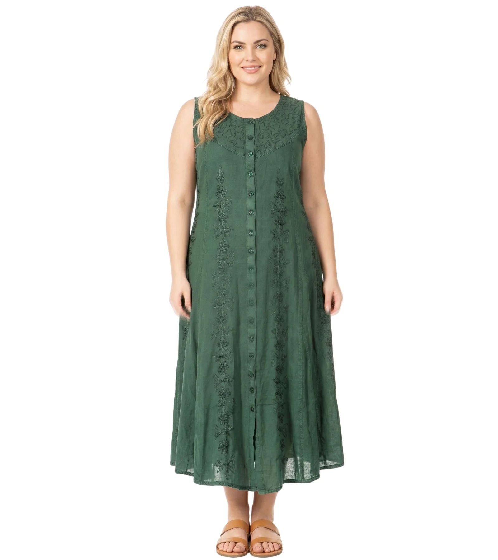 Sakkas Maya Floral Embroidered Sleeveless Button Up Rayon Dress - Image 15