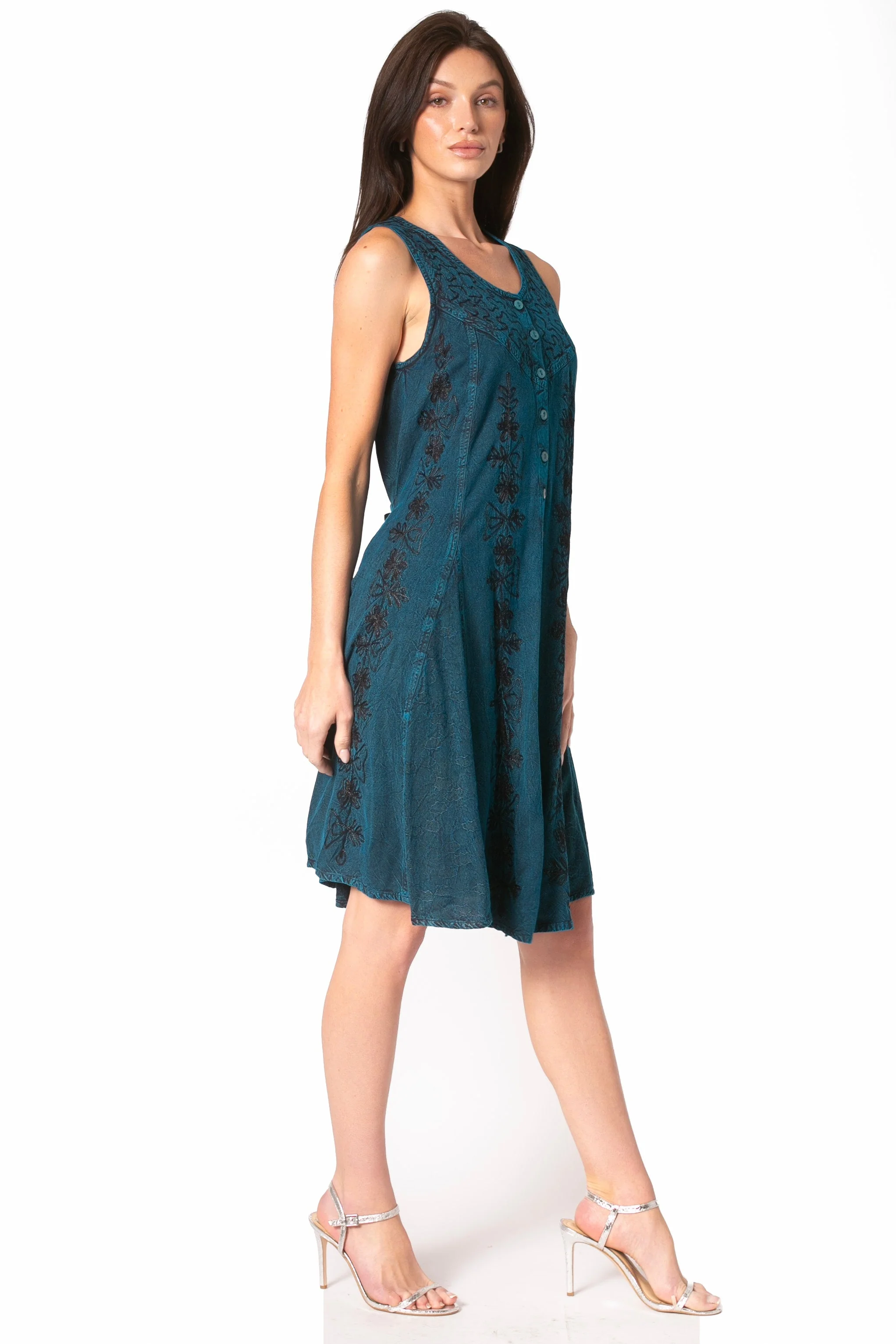 Sakkas Maya Midi Floral Embroidered Sleeveless Button Up Rayon Dress - Image 29