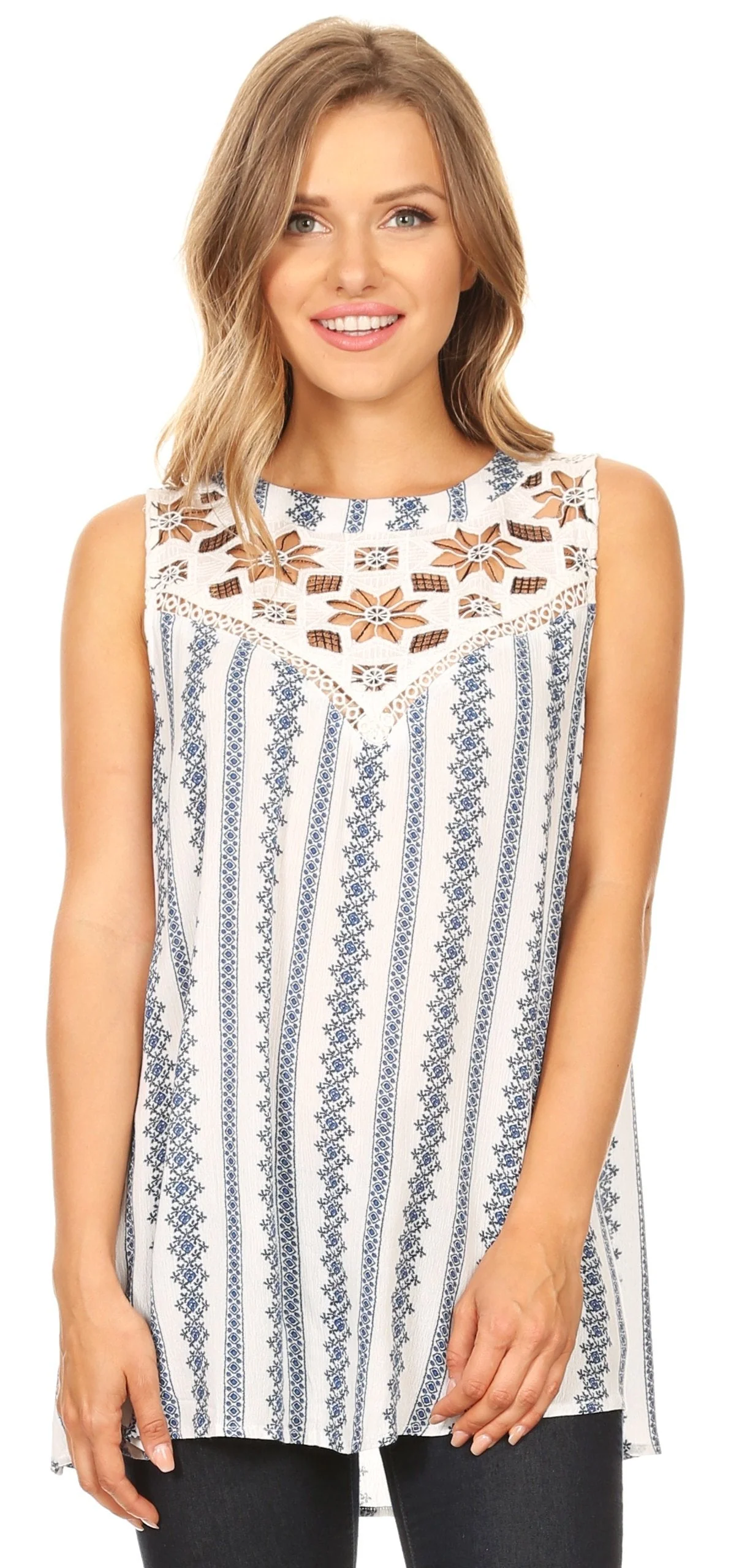 Sakkas Meli Corchet Lace Floral Stripe Tank with Keyhole Back - Image 5