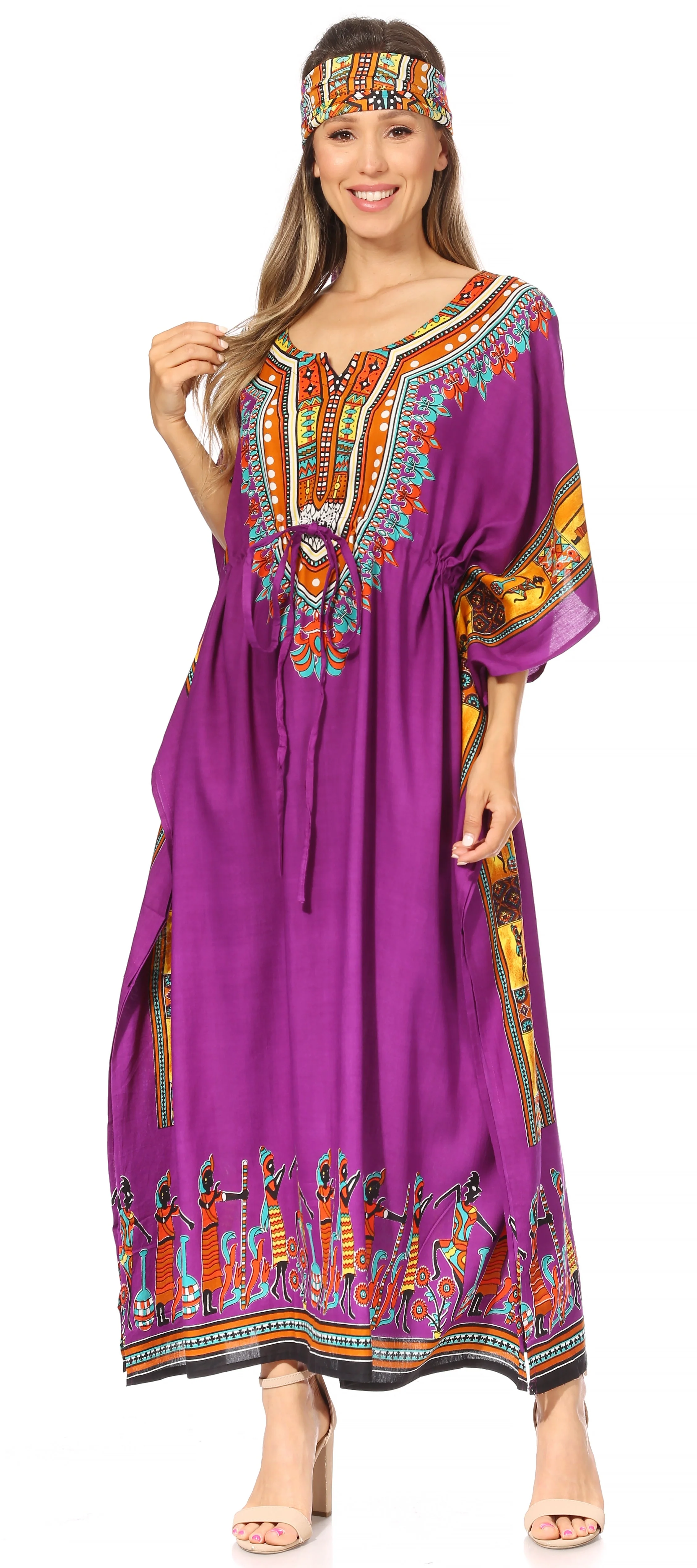 Sakkas Mera Women's Long Loose Short Sleeve Summer Casual Caftan Kaftan Dress - Image 145