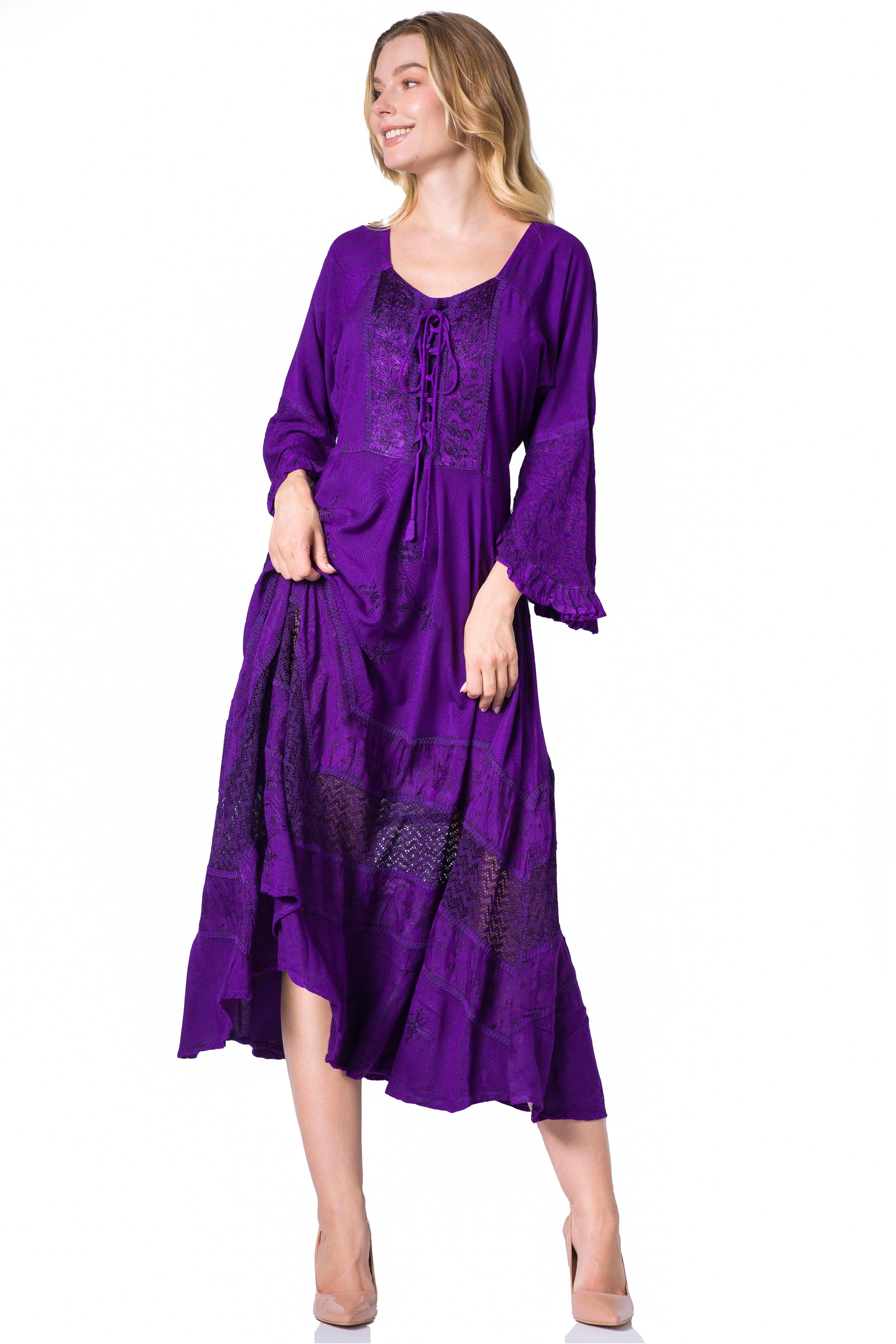 Sakkas Mirabel Stonewashed Corset Style Floral Emboridery Kimono Sleeve Dress - Image 15