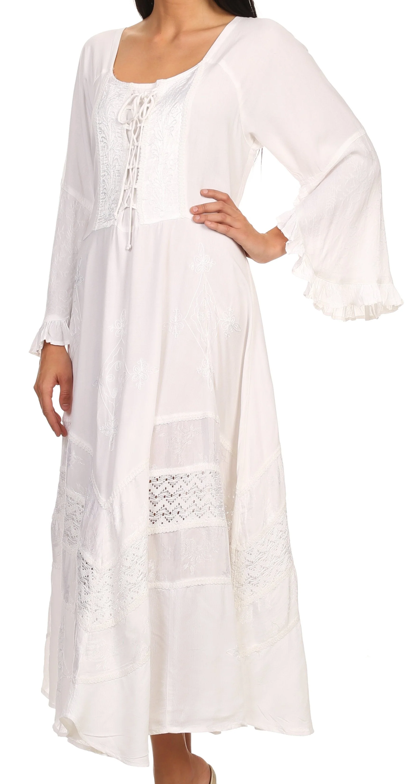 Sakkas Mirabel Stonewashed Corset Style Floral Emboridery Kimono Sleeve Dress - Image 29
