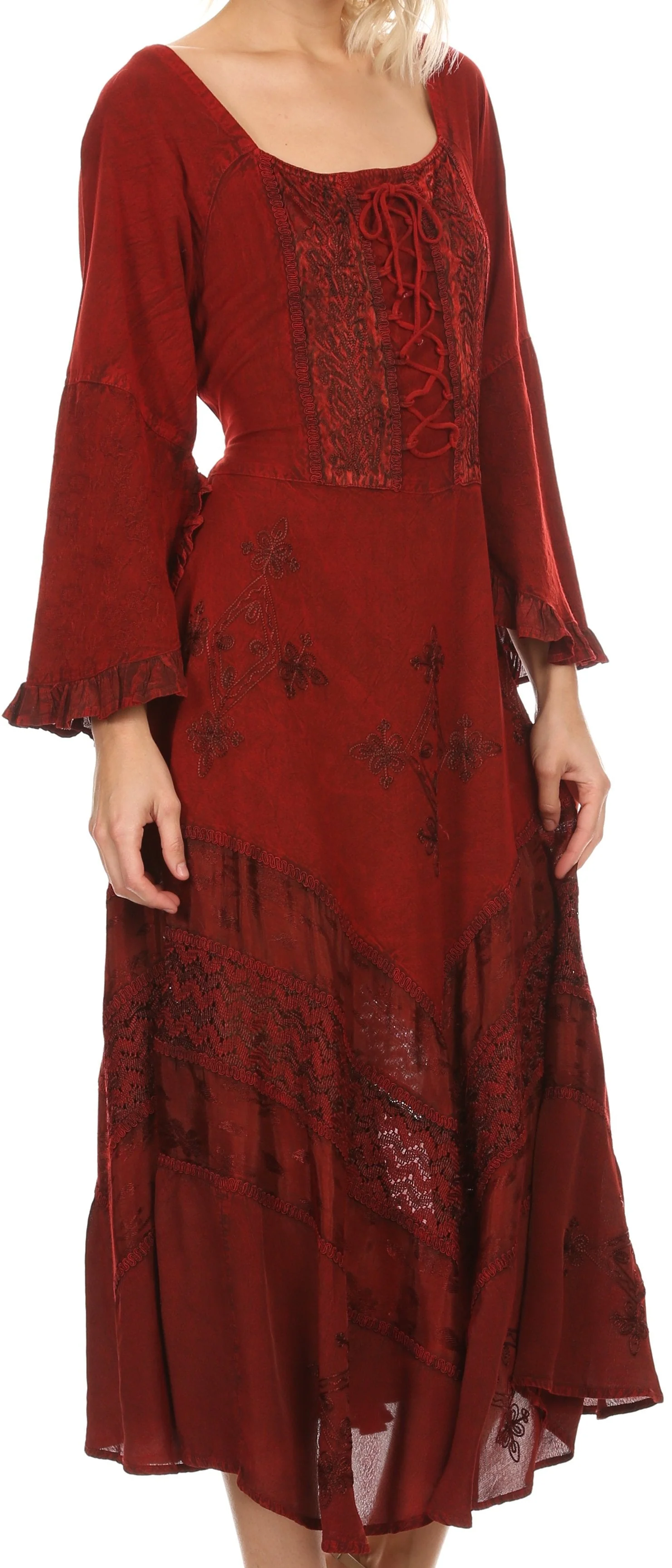 Sakkas Mirabel Stonewashed Corset Style Floral Emboridery Kimono Sleeve Dress - Image 34