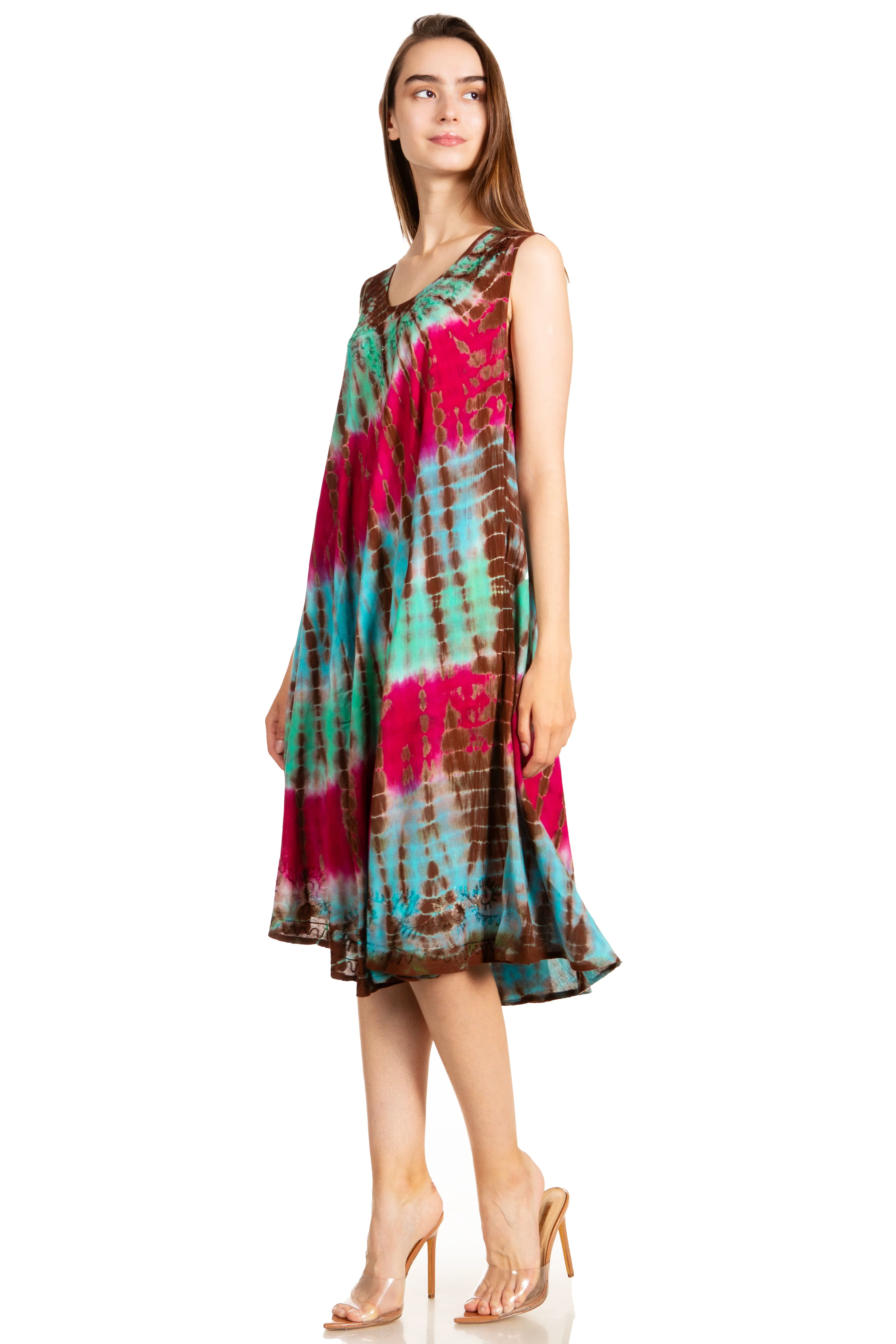 Sakkas Nora Sleeveless Embroidered Short Tie Dye Caftan Dress / Cover Up - Image 103