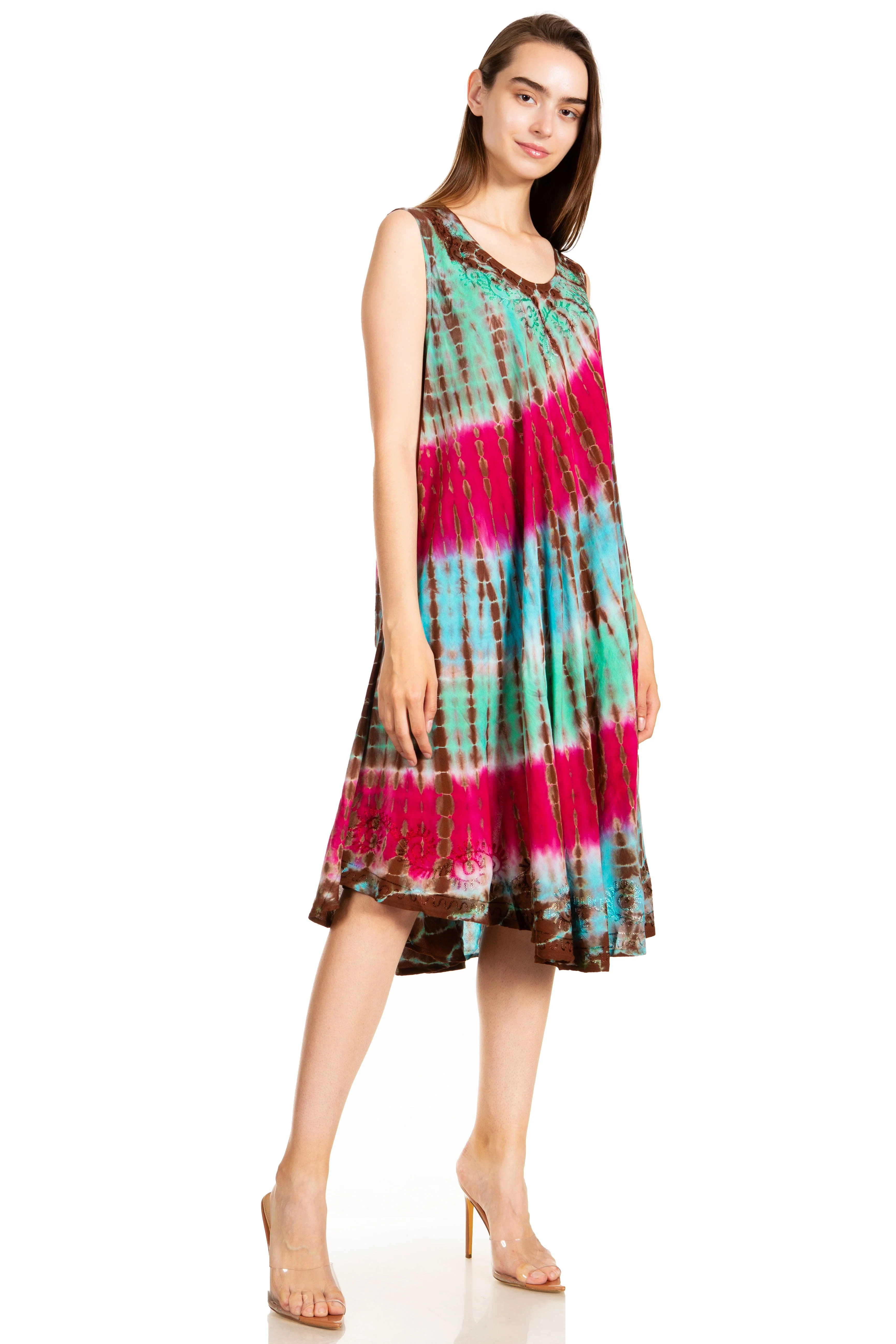 Sakkas Nora Sleeveless Embroidered Short Tie Dye Caftan Dress / Cover Up - Image 104