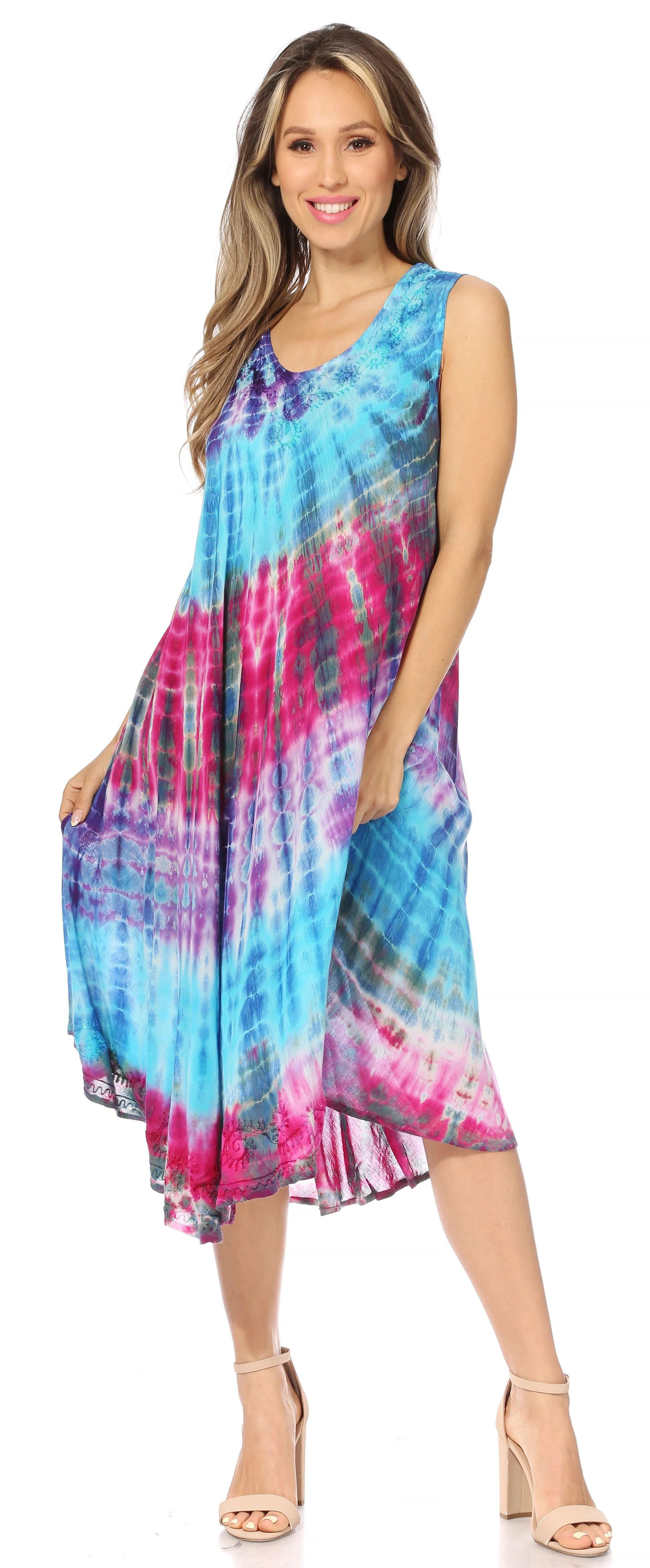 Sakkas Nora Sleeveless Embroidered Short Tie Dye Caftan Dress / Cover Up - Image 115