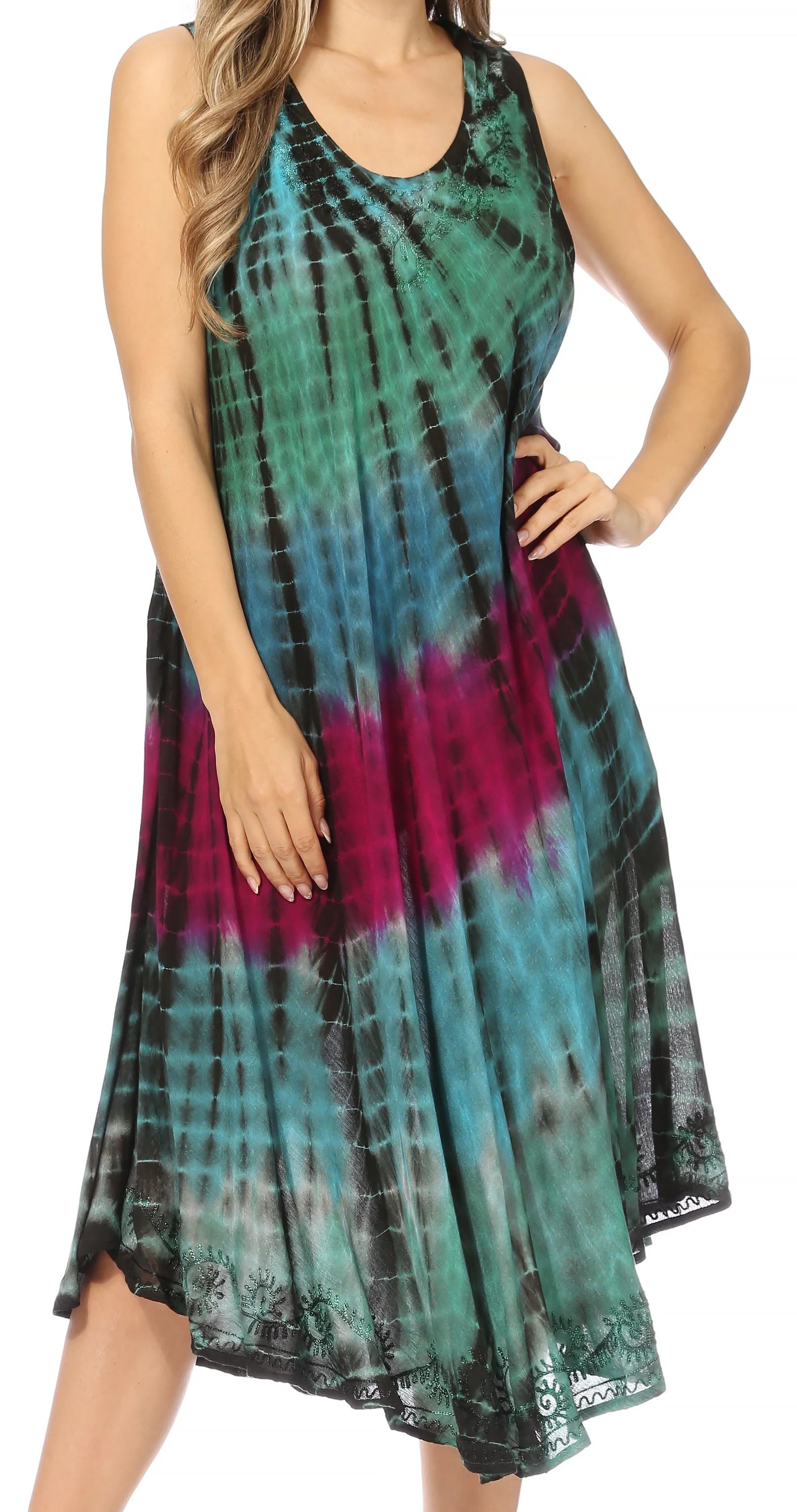 Sakkas Nora Sleeveless Embroidered Short Tie Dye Caftan Dress / Cover Up - Image 116