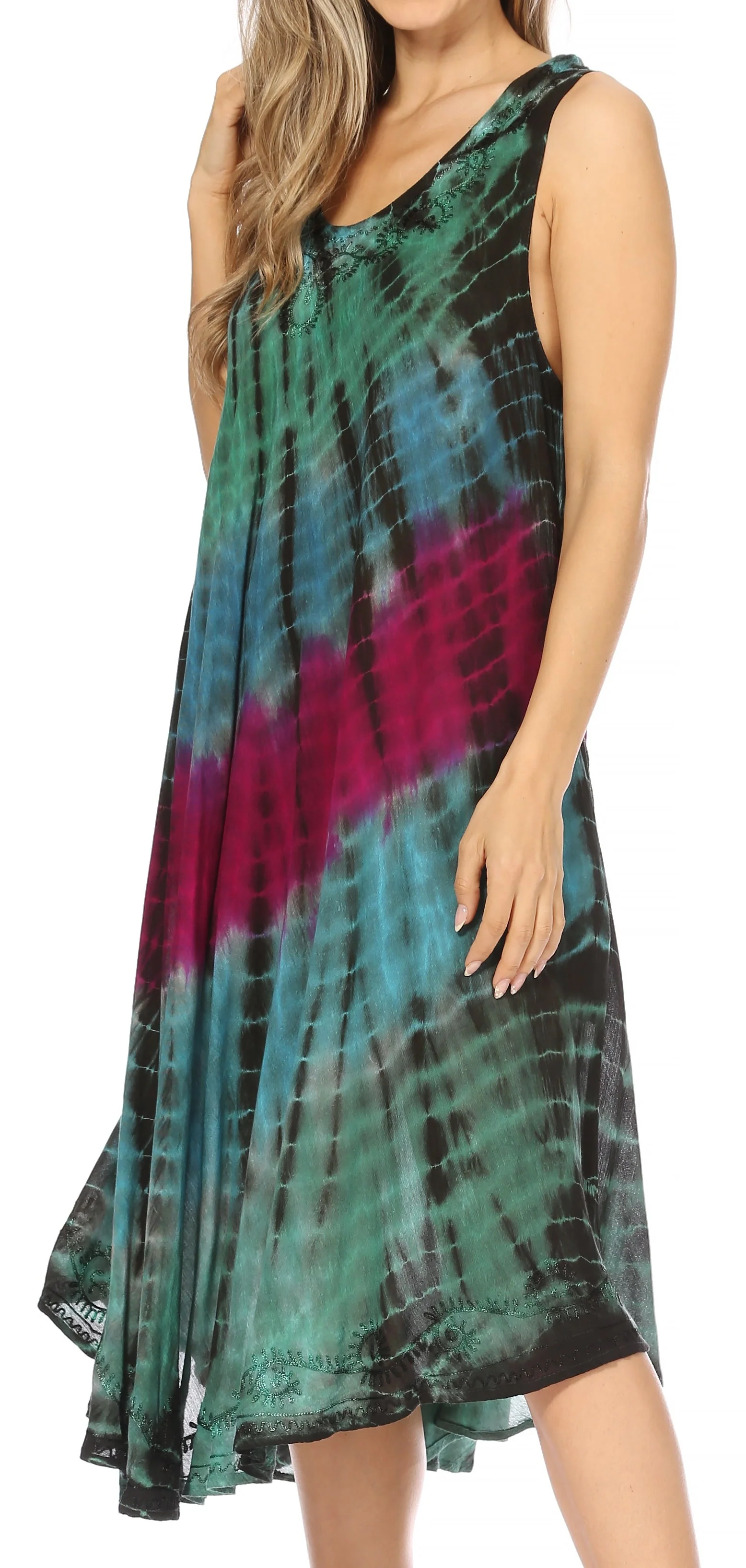 Sakkas Nora Sleeveless Embroidered Short Tie Dye Caftan Dress / Cover Up - Image 119