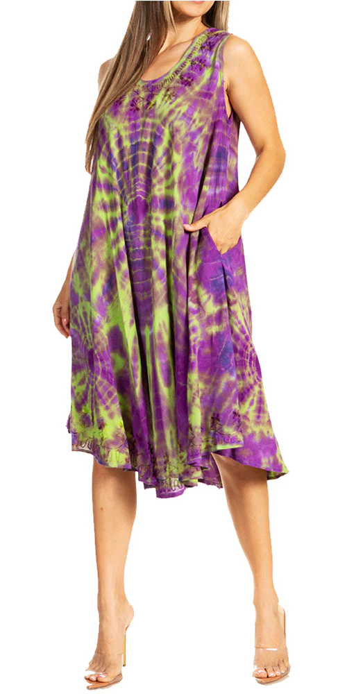 Sakkas Nora Sleeveless Embroidered Short Tie Dye Caftan Dress / Cover Up - Image 136