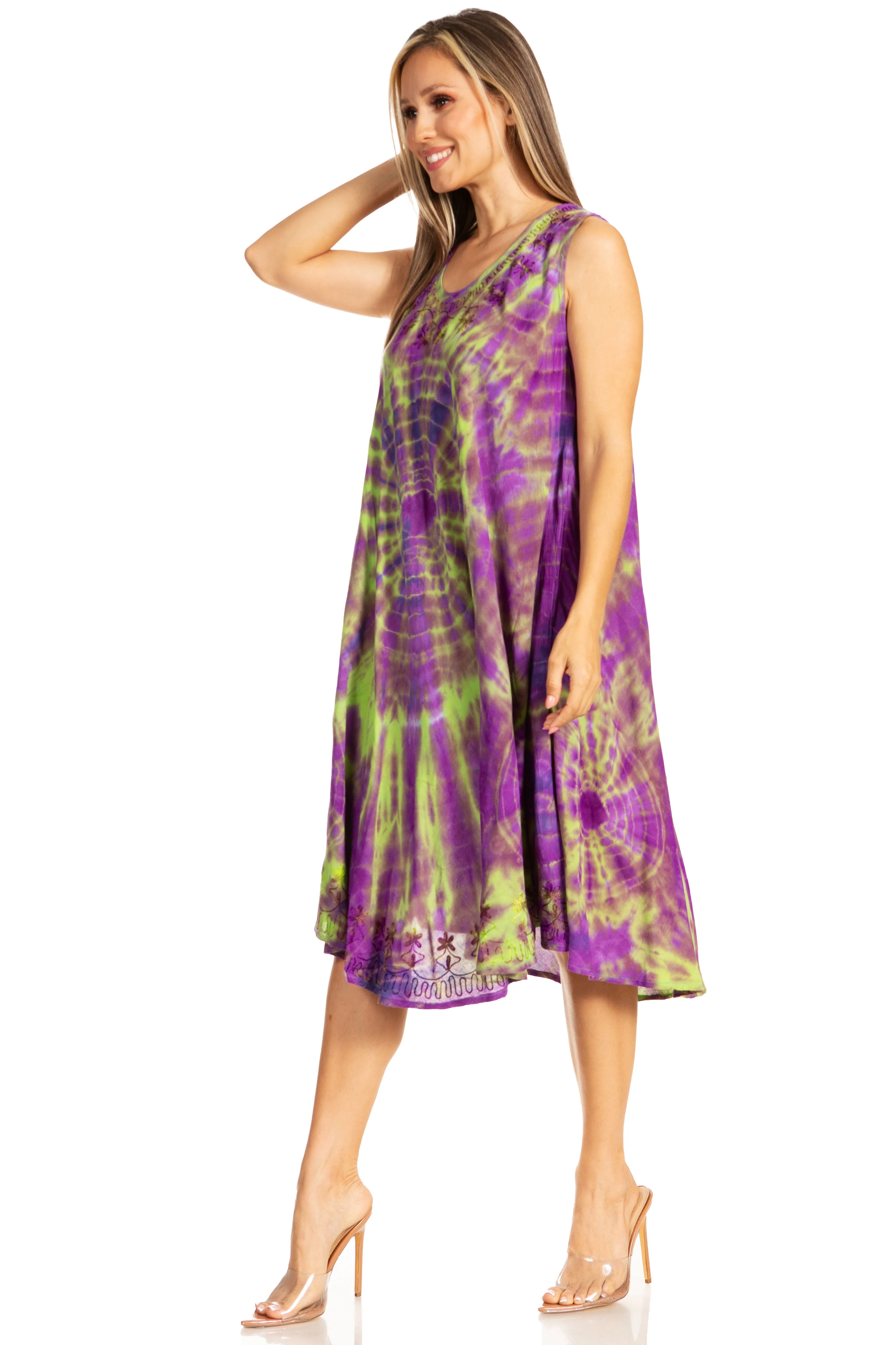 Sakkas Nora Sleeveless Embroidered Short Tie Dye Caftan Dress / Cover Up - Image 138